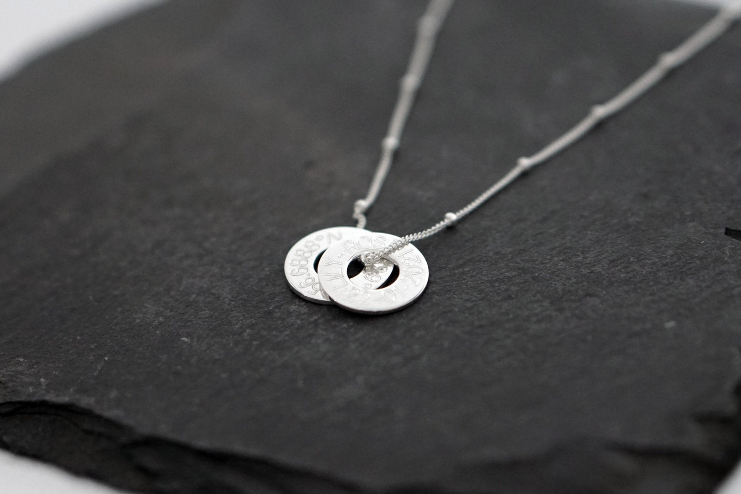 Engraved Personalised Sterling Silver Washers Necklace ~ customised, birthday, coordinates, name, anniversary, graduation, travel gift