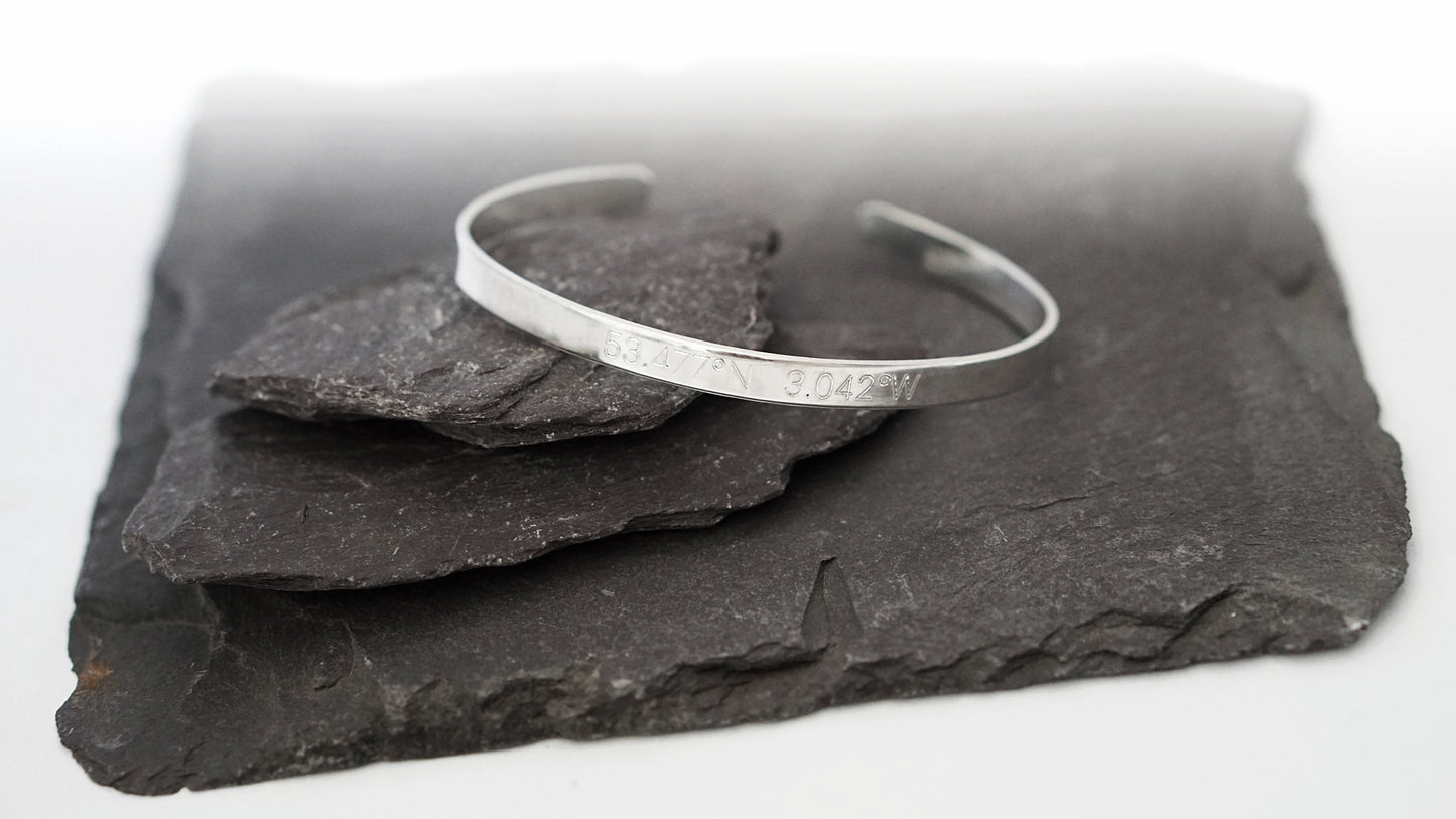 Personalised Sterling Silver or Gold Engraved Cuff Bangle ~ initials, name, adjustable, graduation, date, coordinates, gift for her