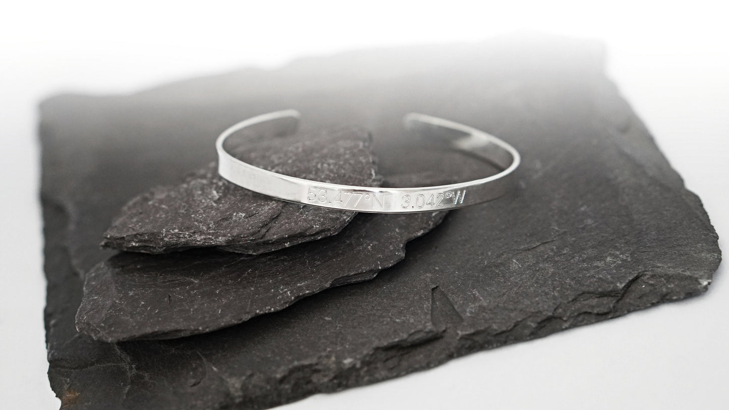 Personalised Sterling Silver or Gold Engraved Cuff Bangle ~ initials, name, adjustable, graduation, date, coordinates, gift for her