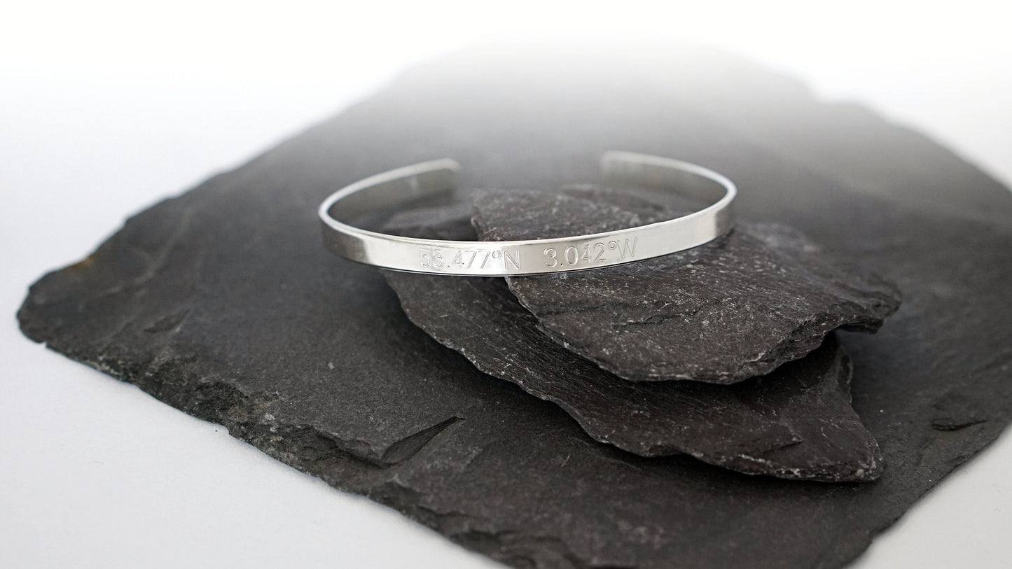 Personalised Sterling Silver or Gold Engraved Cuff Bangle ~ initials, name, adjustable, graduation, date, coordinates, gift for her