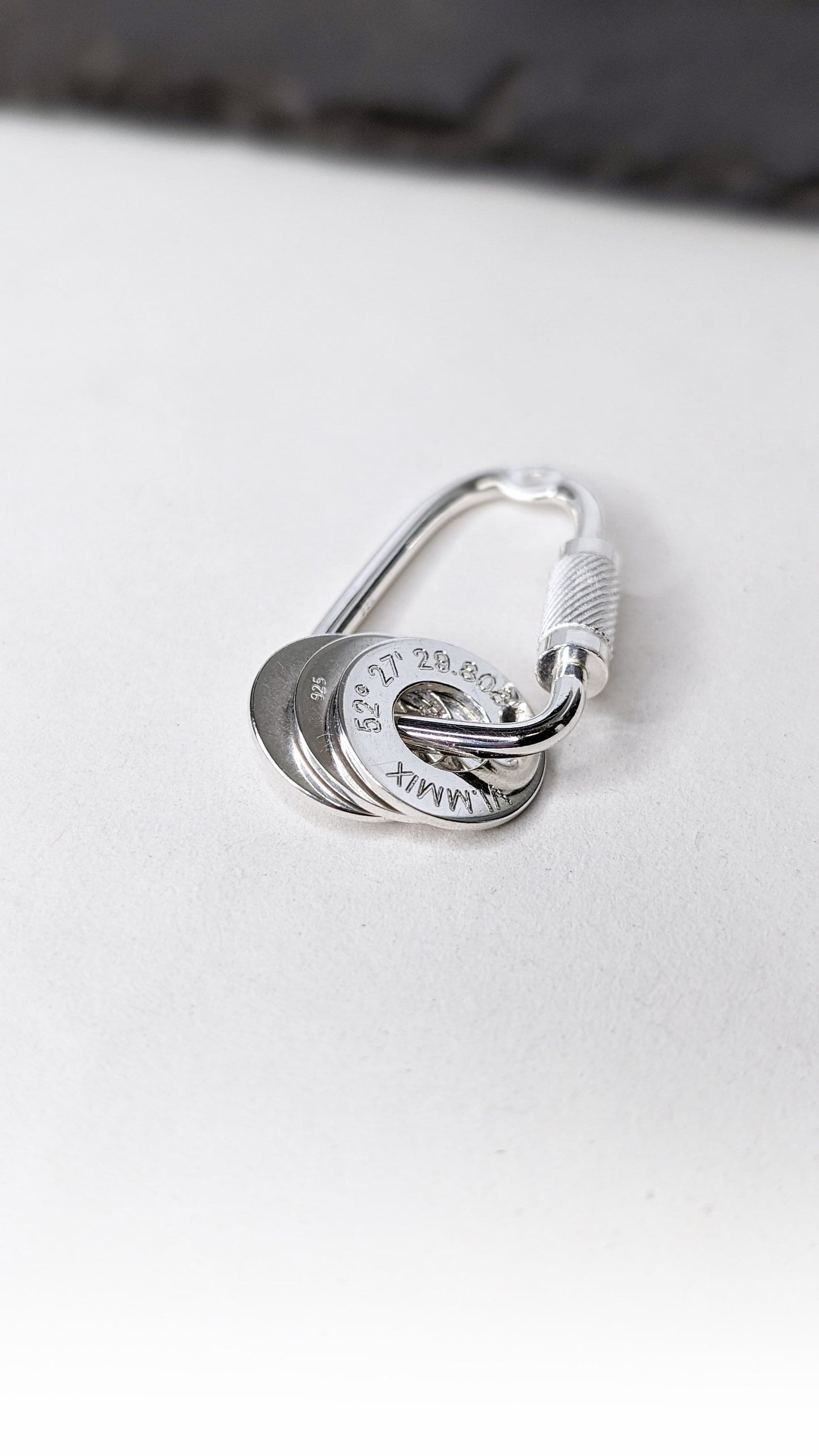 Carabiner Engraved Personalised Washers Sterling Silver Keyring ~ engraved, co-ordinates, name, travel gift, birthday, adventure