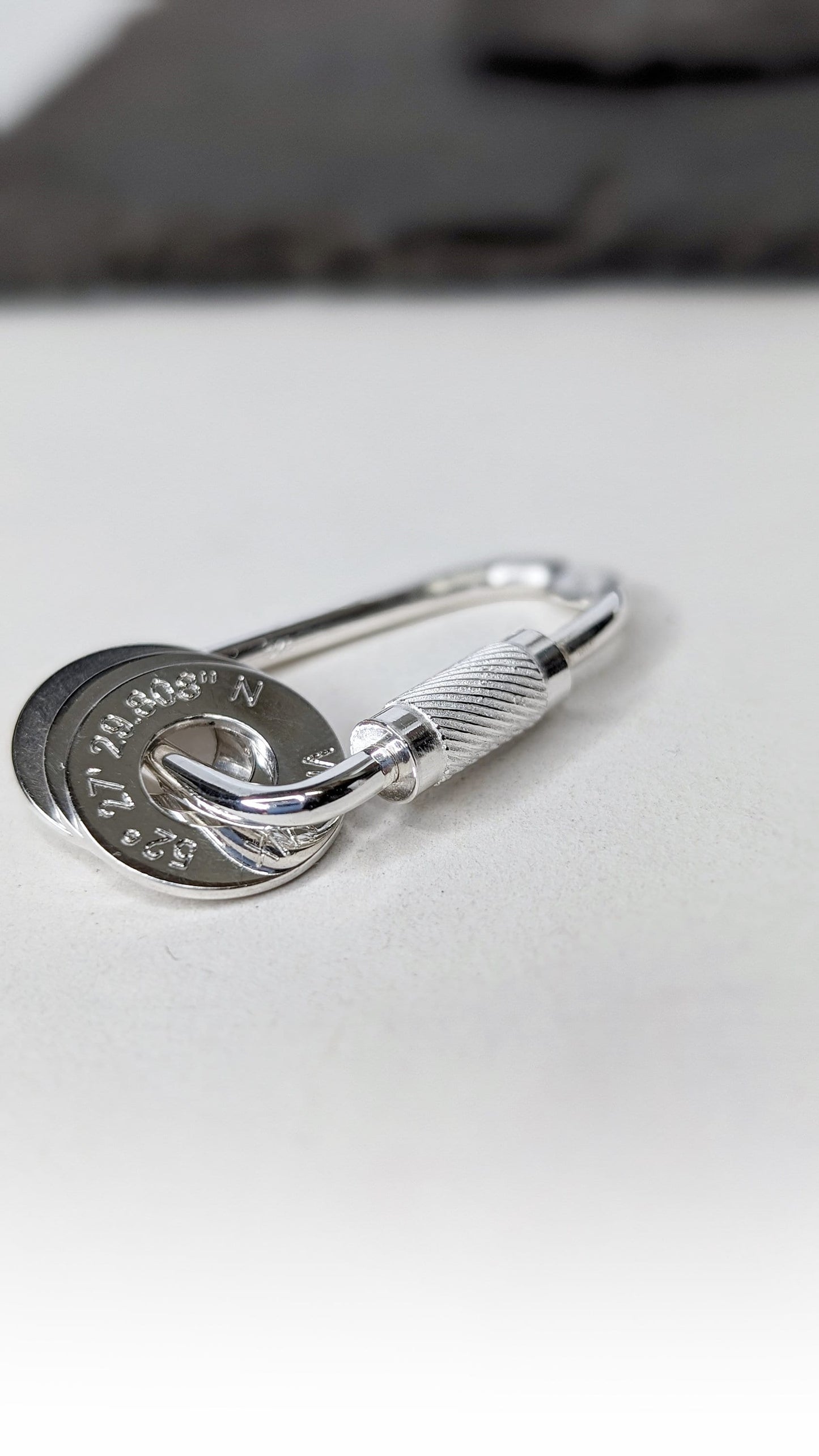 Carabiner Engraved Personalised Washers Sterling Silver Keyring ~ engraved, co-ordinates, name, travel gift, birthday, adventure