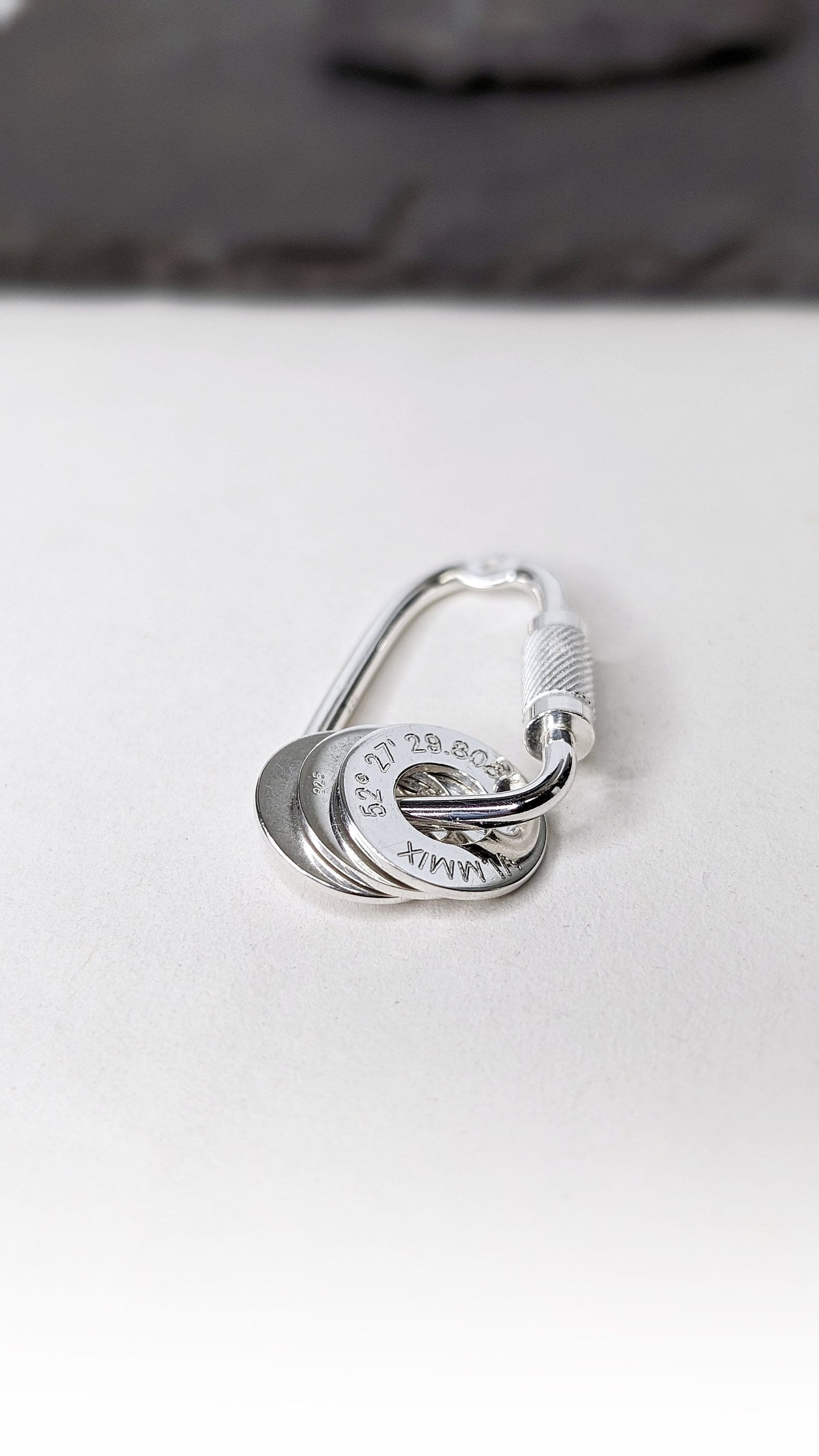 Carabiner Engraved Personalised Washers Sterling Silver Keyring ~ engraved, co-ordinates, name, travel gift, birthday, adventure