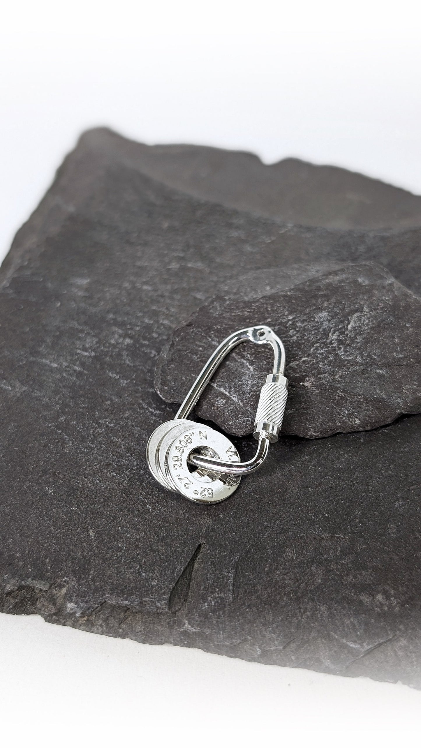Carabiner Engraved Personalised Washers Sterling Silver Keyring ~ engraved, co-ordinates, name, travel gift, birthday, adventure