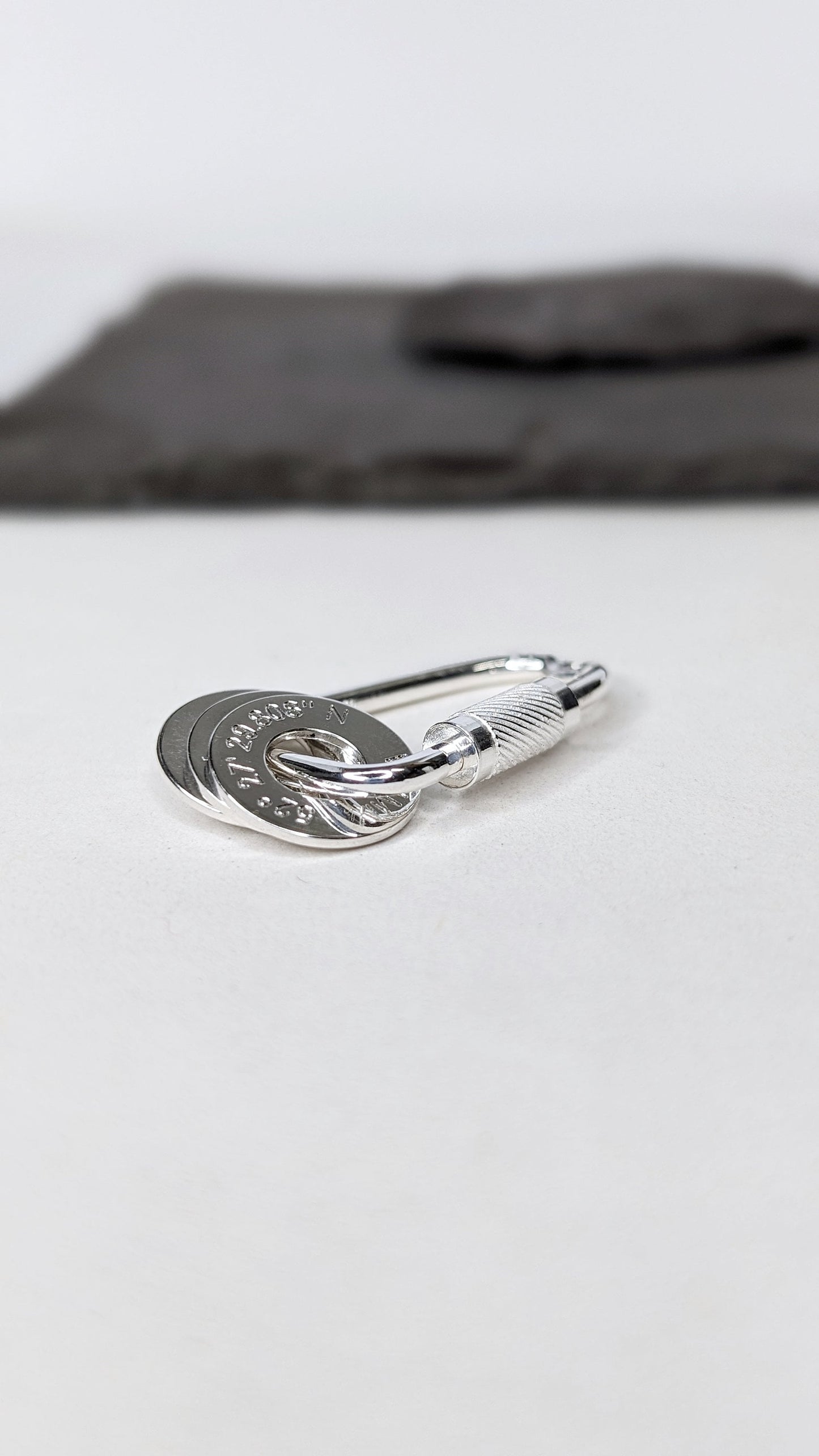 Carabiner Engraved Personalised Washers Sterling Silver Keyring ~ engraved, co-ordinates, name, travel gift, birthday, adventure