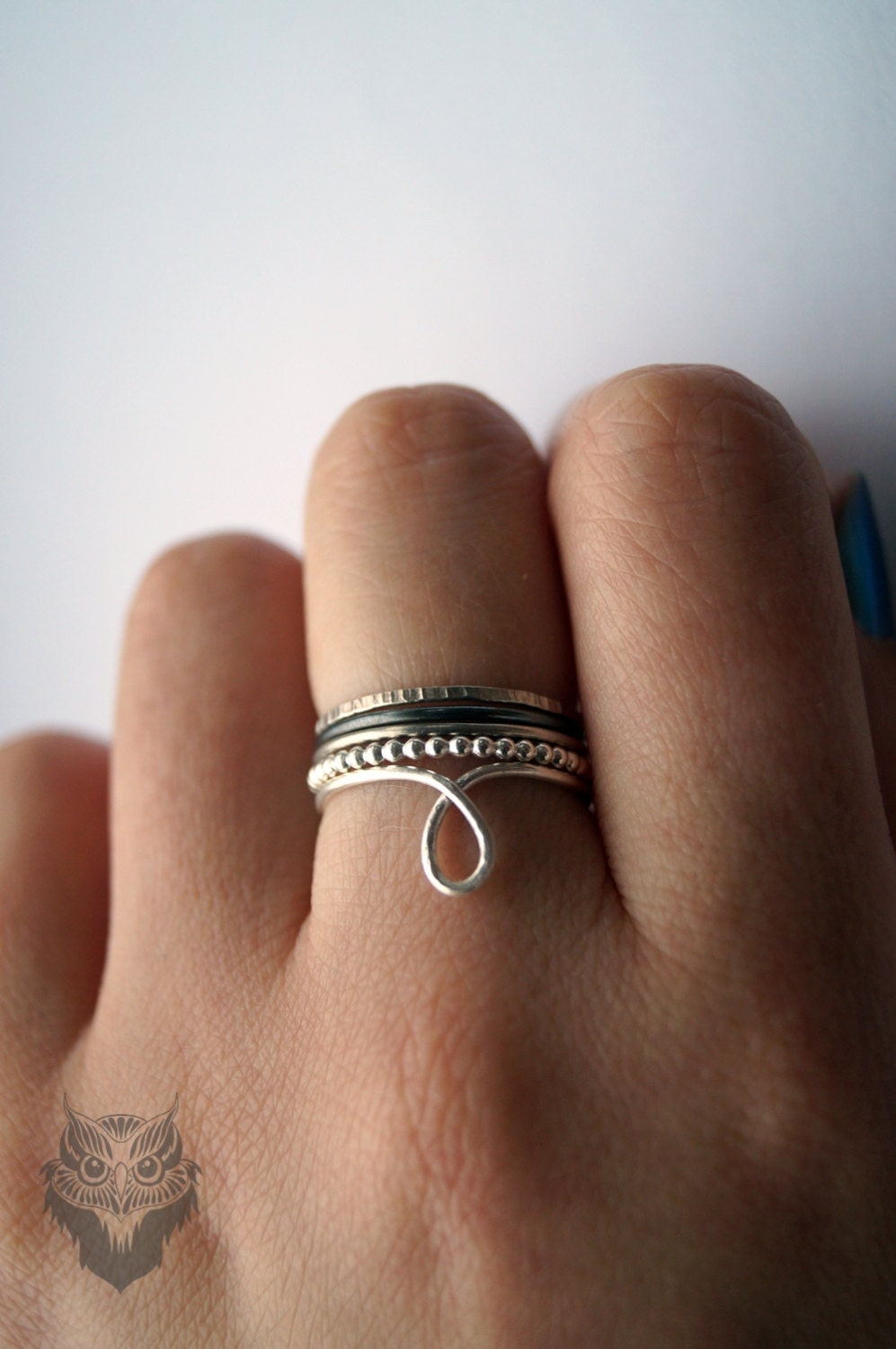 Five Skinny Recycled Sterling Silver Stacking Rings - hammered, silver bands, oxidised, stackable, looped, textured, thin bands
