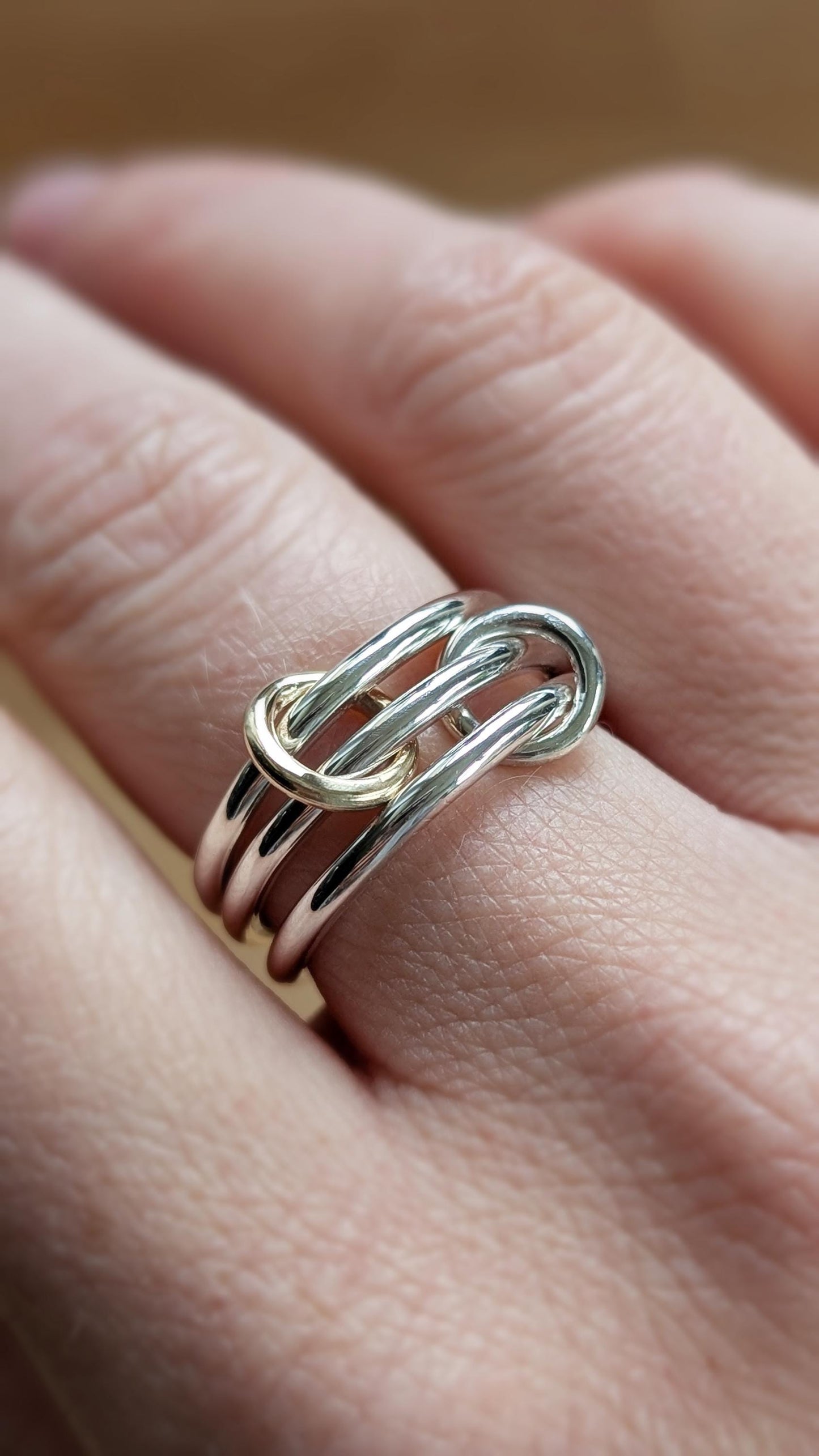 Heavy Sterling Silver & 9ct Gold Triple Links Ring ~ solid gold, interlocking, recycled metals, textured, stacking