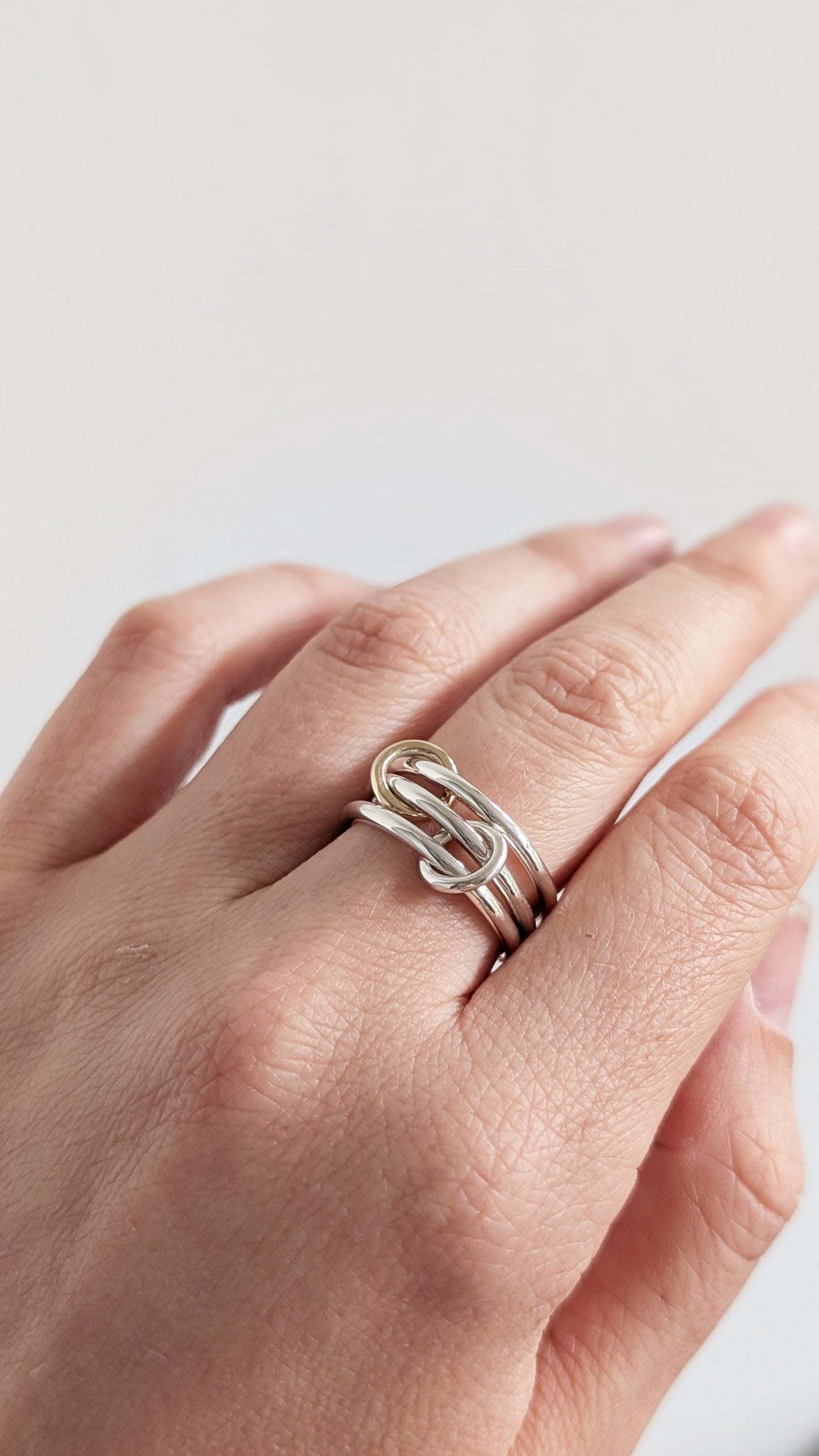 Heavy Sterling Silver & 9ct Gold Triple Links Ring ~ solid gold, interlocking, recycled metals, textured, stacking