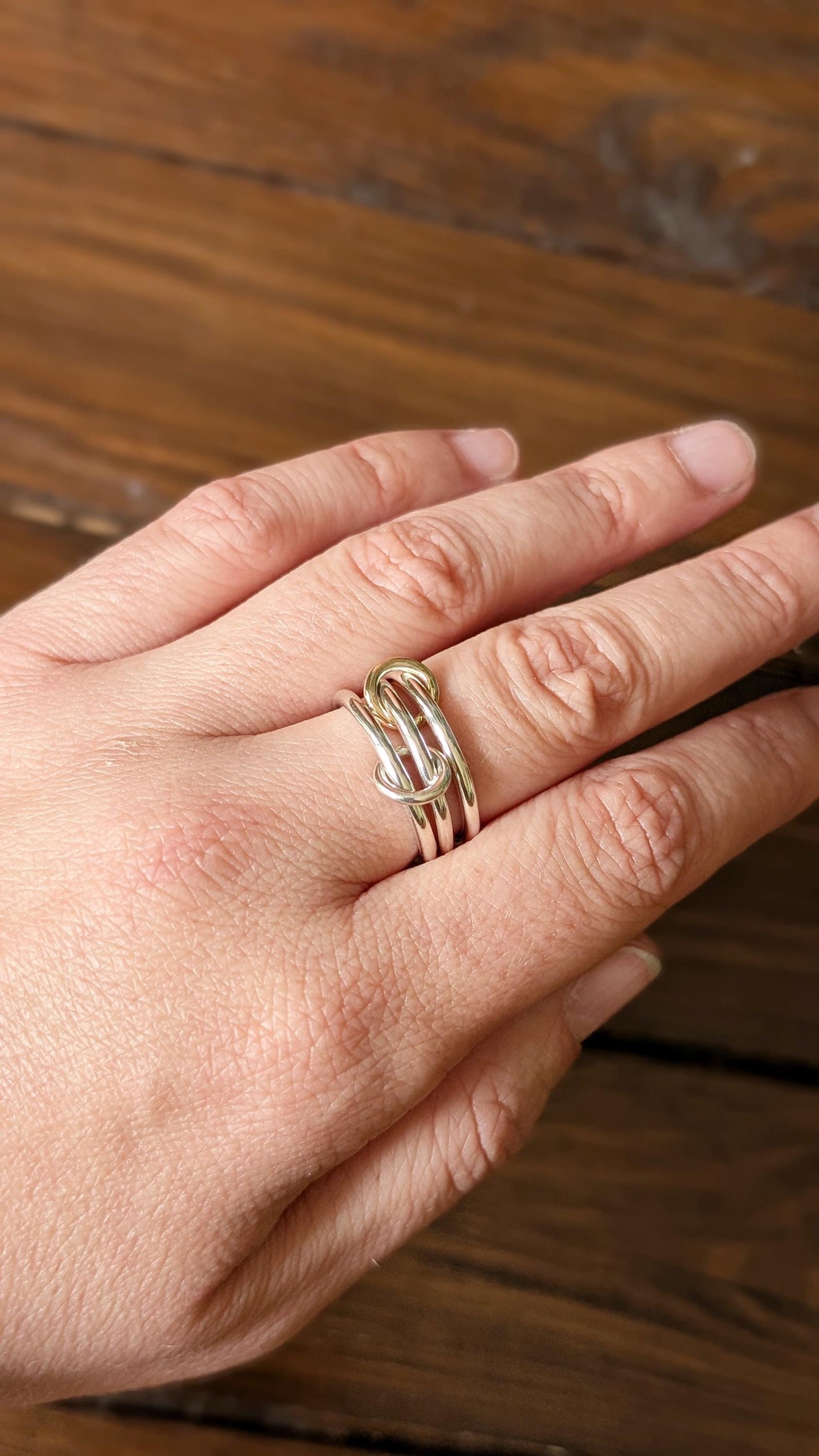 Heavy Sterling Silver & 9ct Gold Triple Links Ring ~ solid gold, interlocking, recycled metals, textured, stacking