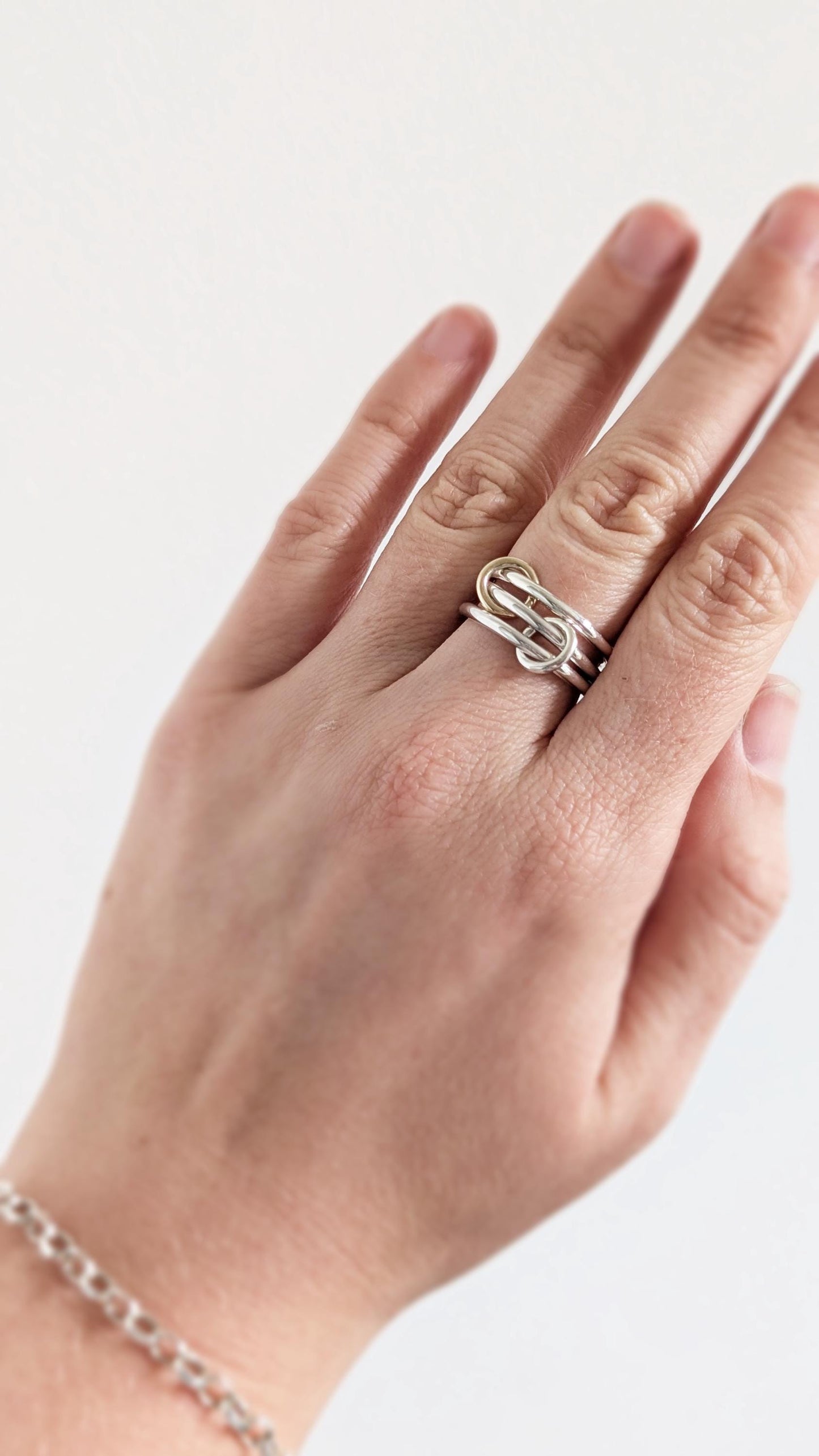Heavy Sterling Silver & 9ct Gold Triple Links Ring ~ solid gold, interlocking, recycled metals, textured, stacking