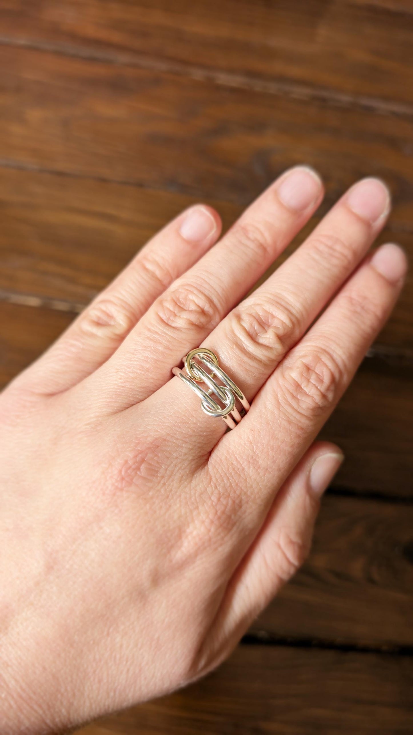 Heavy Sterling Silver & 9ct Gold Triple Links Ring ~ solid gold, interlocking, recycled metals, textured, stacking