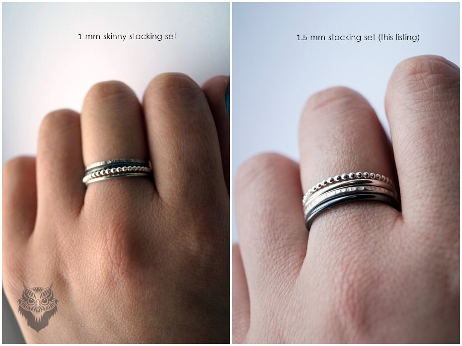 Four Recycled Sterling Silver Stacking Rings - hammered, silver bands, oxidised, modern, beaded, stackable, bubble ring, textured, recycled