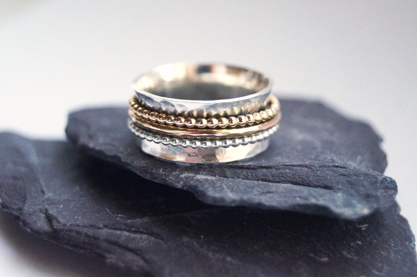 Fidget Ring Sterling Silver & Gold Filled Three Band Spinner Ring ~ unisex, meditation, hammered, gold filled, beaded, anxiety, ADHD