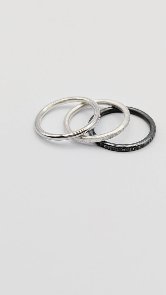 Recycled Sterling Silver Power Of Three Stacking Rings - hammered, bands, oxidised, stackable, minmal