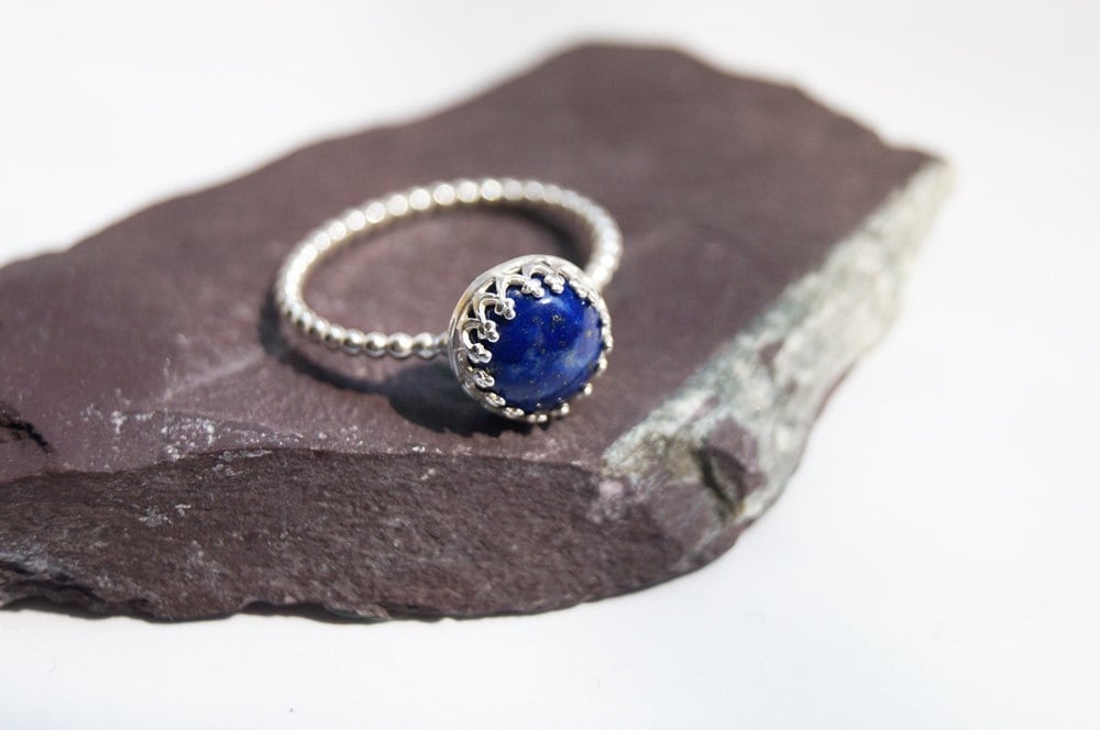 Lapis Lazuli Beaded Crown Recycled Sterling Silver Ring ~ statement ring, stacking ring, gemstone