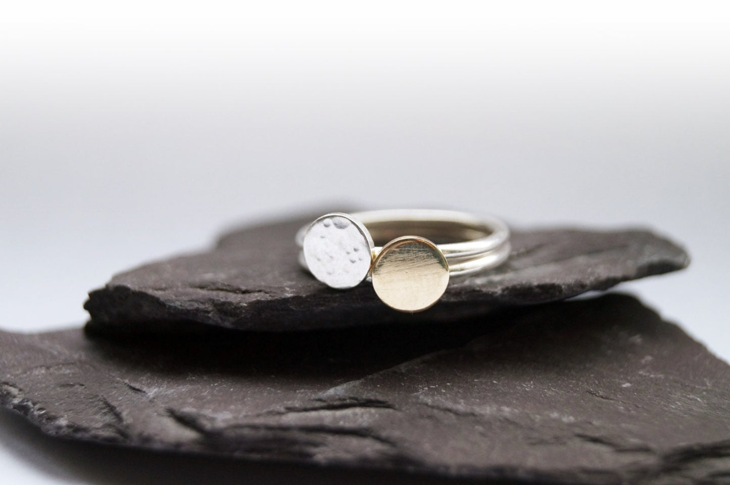 9ct Gold Sun Disc & Silver Moon Stacking Set ~ statement ring, sun, moon, astrology, astronomy, celestial, stackable, recycled