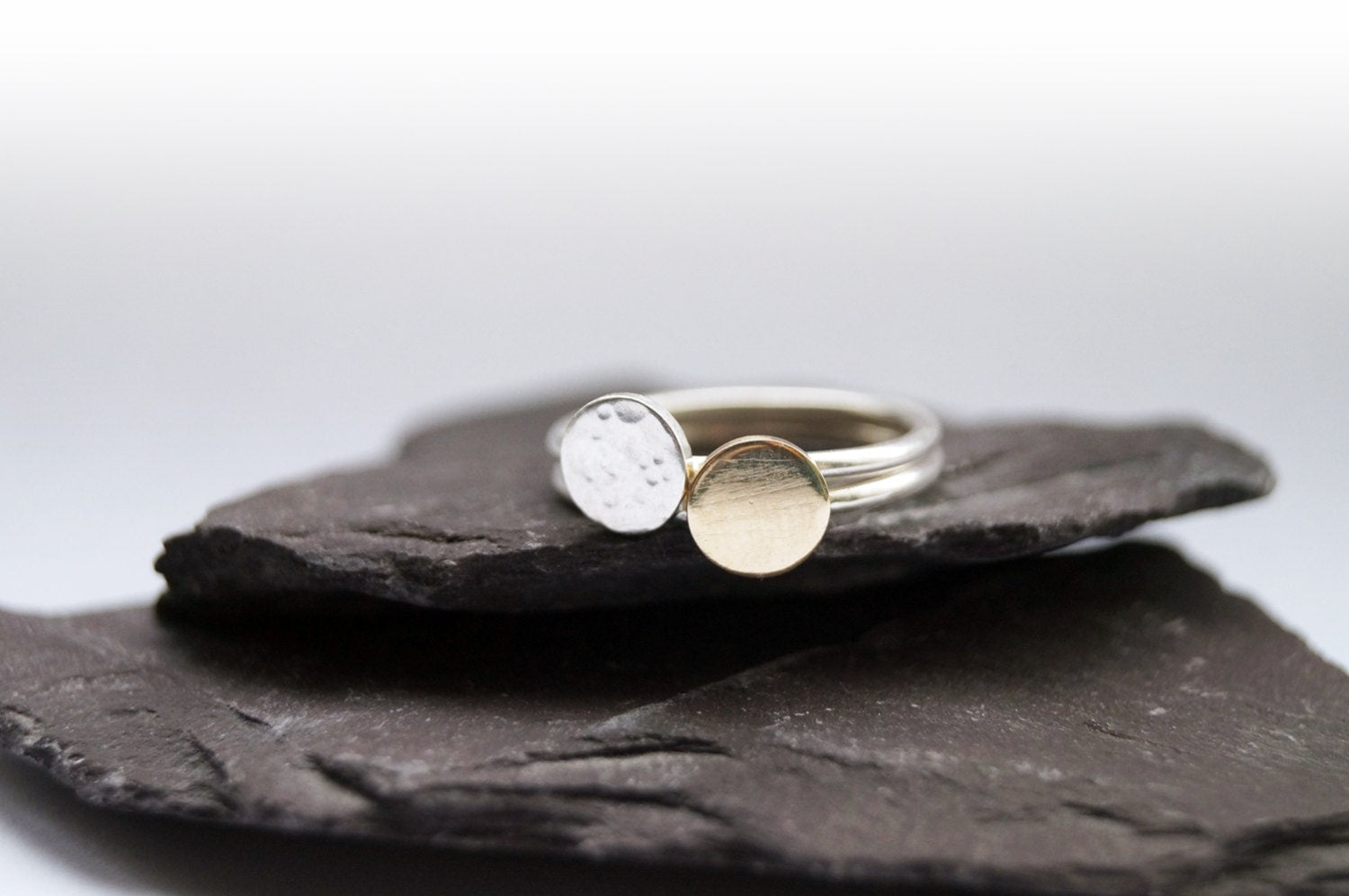 9ct Gold Sun Disc & Silver Moon Stacking Set ~ statement ring, sun, moon, astrology, astronomy, celestial, stackable, recycled