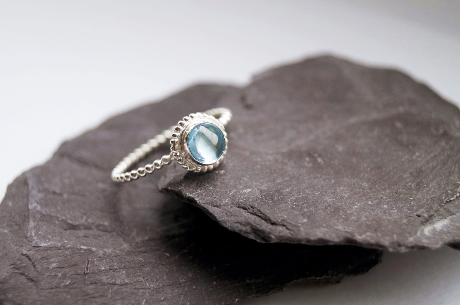 Topaz Beaded Setting Recycled Sterling Silver Ring ~ statement ring, stacking ring, gemstone, unique, gothic, victorian, blue, solitaire