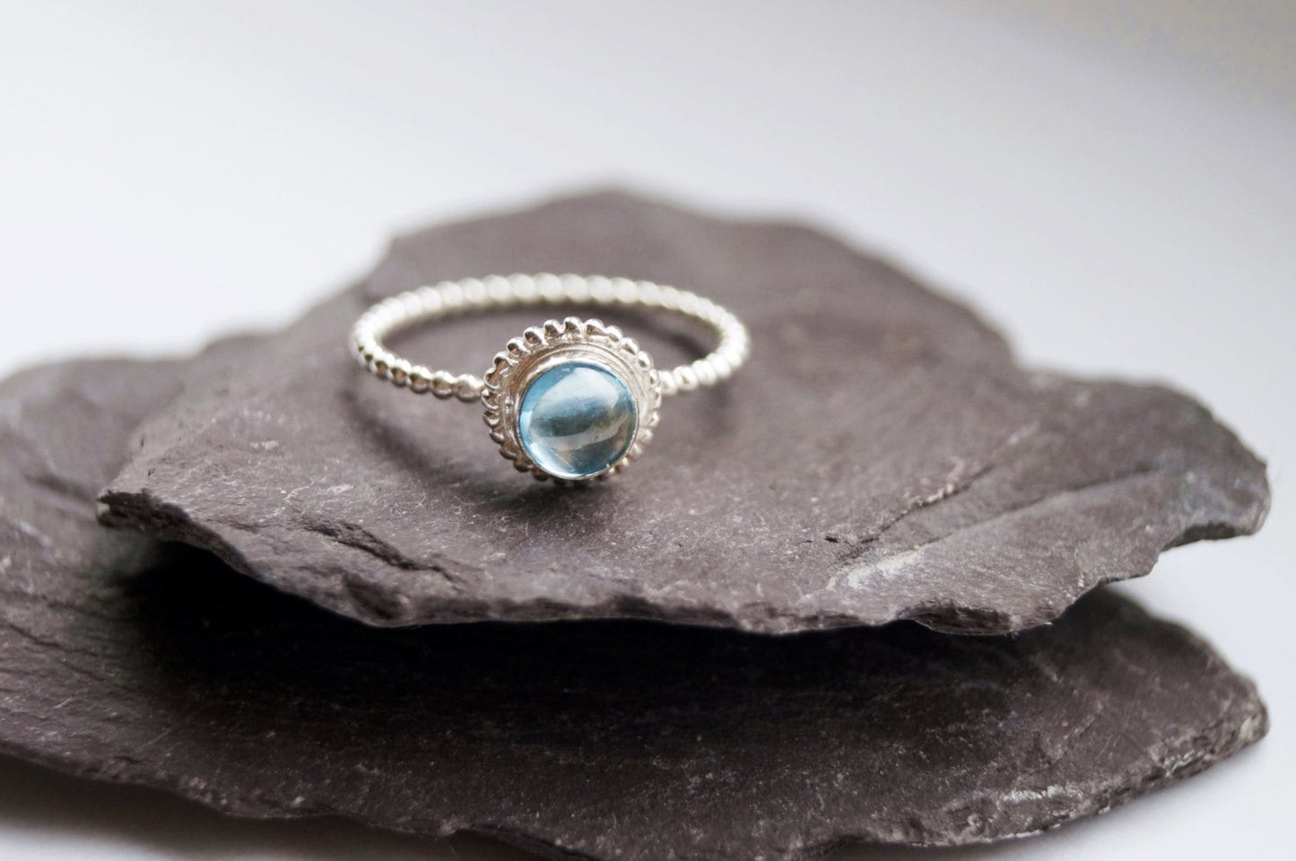 Topaz Beaded Setting Recycled Sterling Silver Ring ~ statement ring, stacking ring, gemstone, unique, gothic, victorian, blue, solitaire
