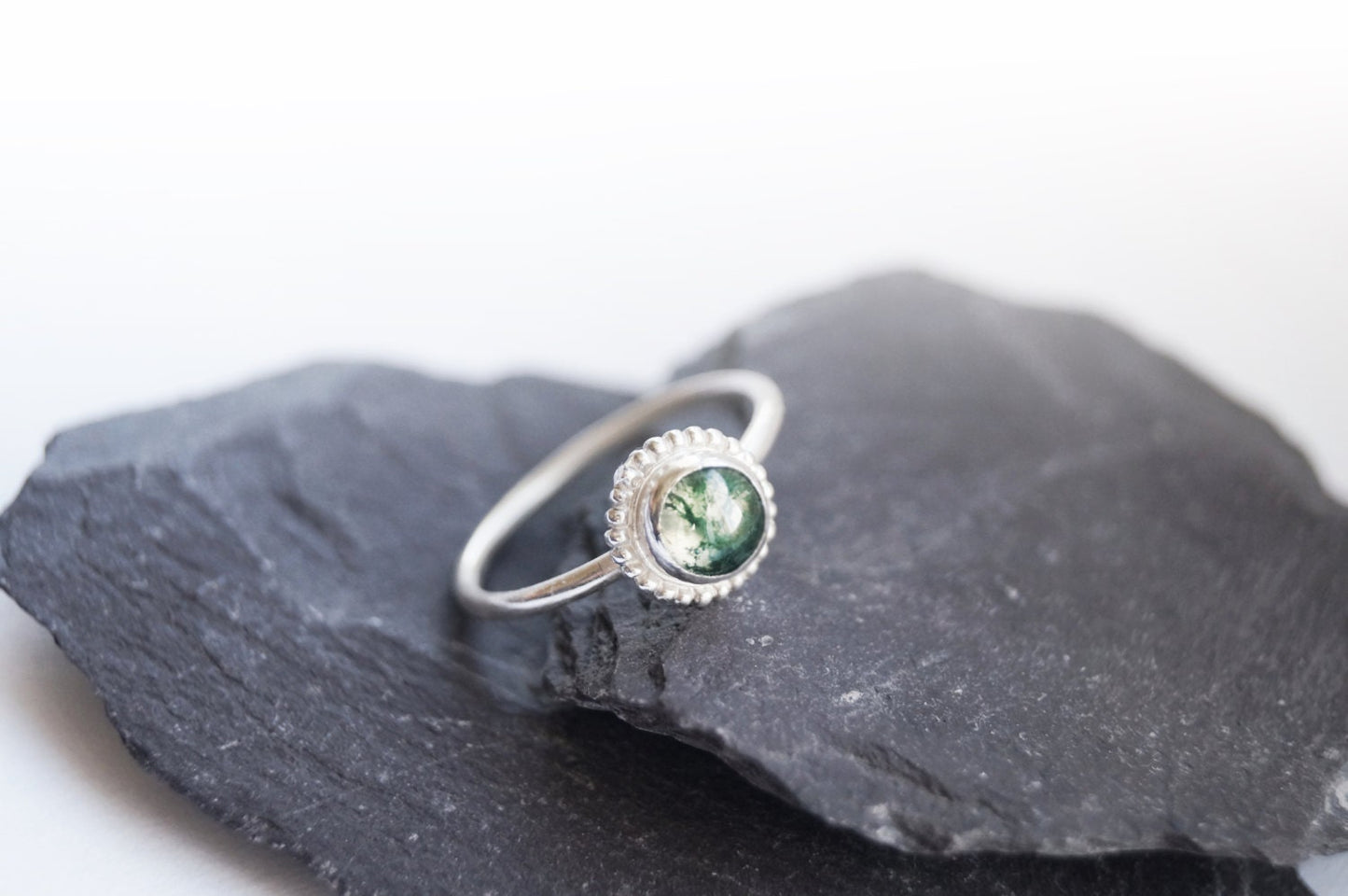 Green Moss Agate Beaded Setting Recycled Sterling Silver Ring
