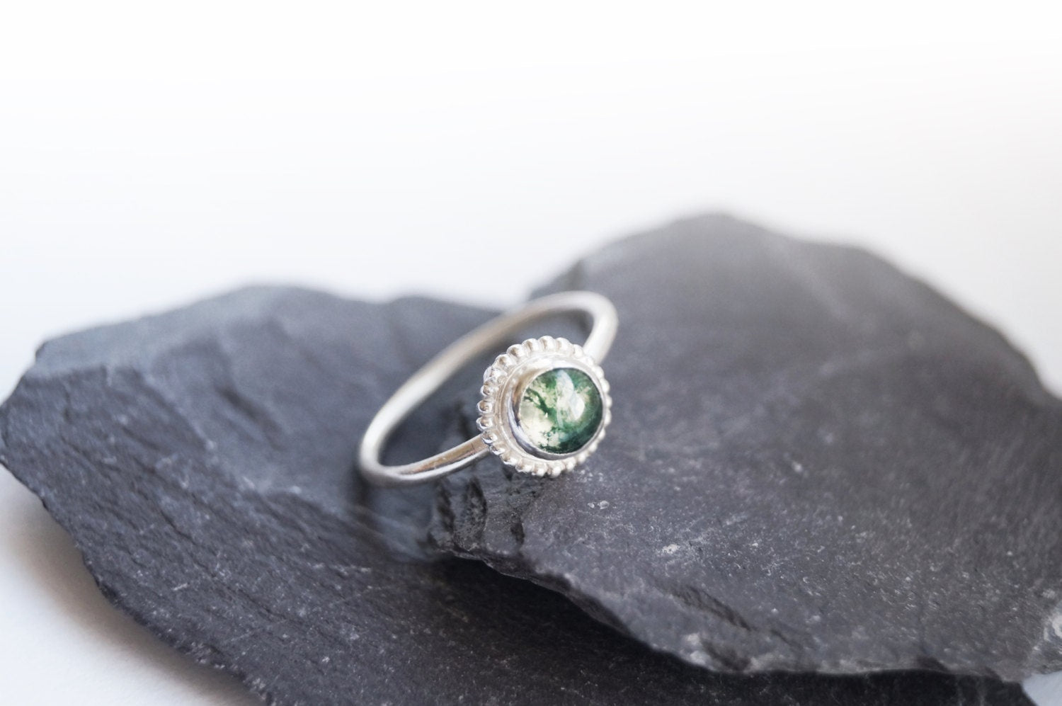 Green Moss Agate Beaded Setting Recycled Sterling Silver Ring