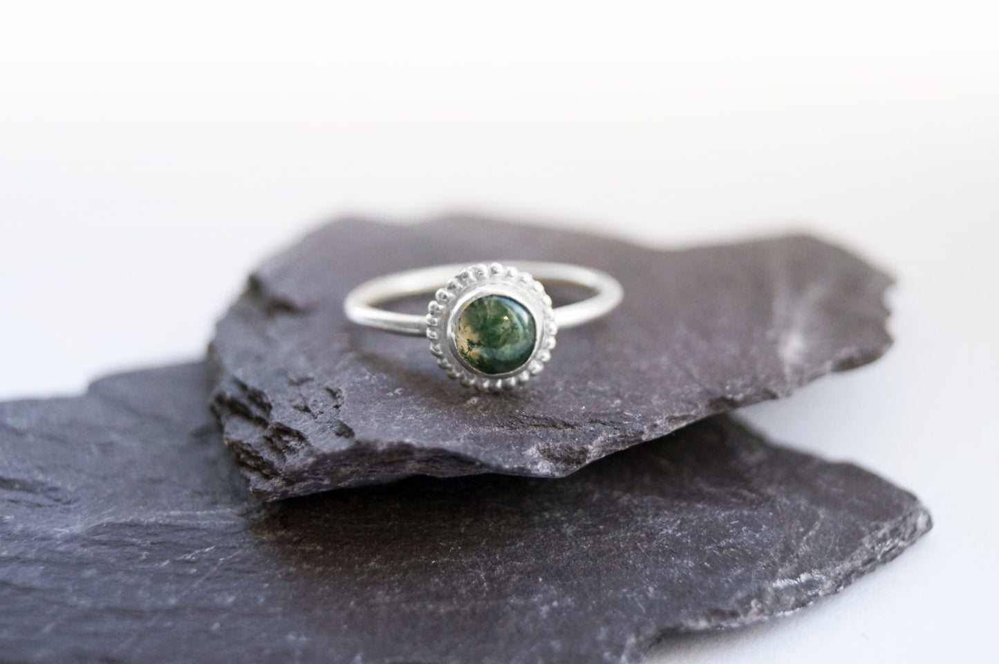 Green Moss Agate Beaded Setting Recycled Sterling Silver Ring