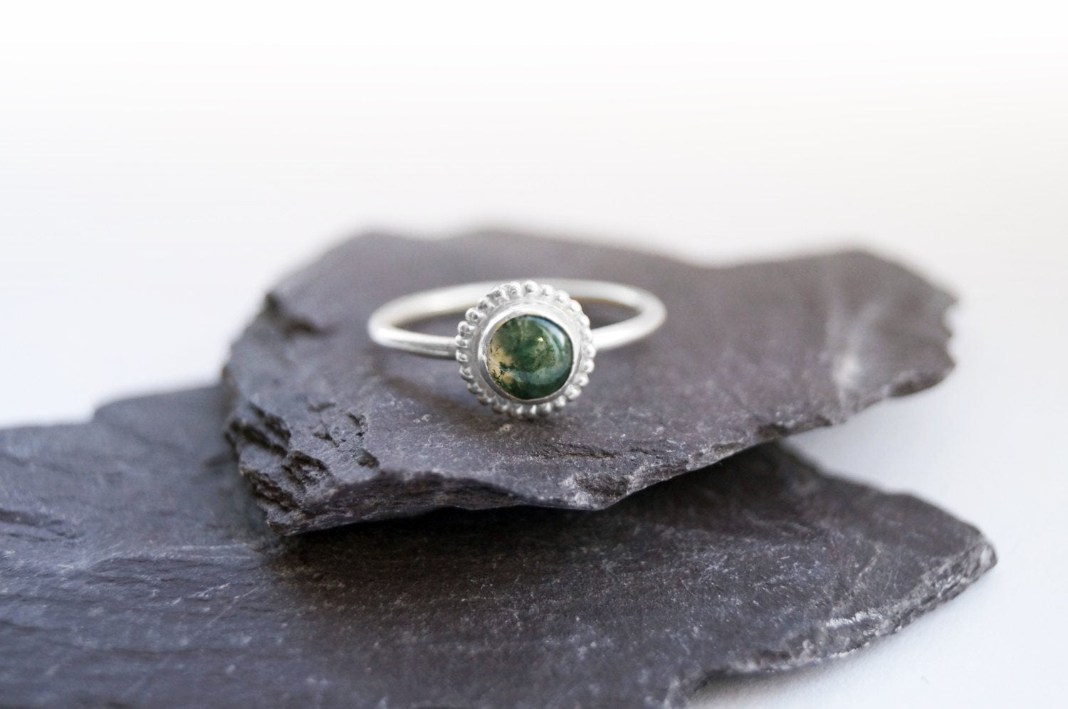 Green Moss Agate Beaded Setting Recycled Sterling Silver Ring