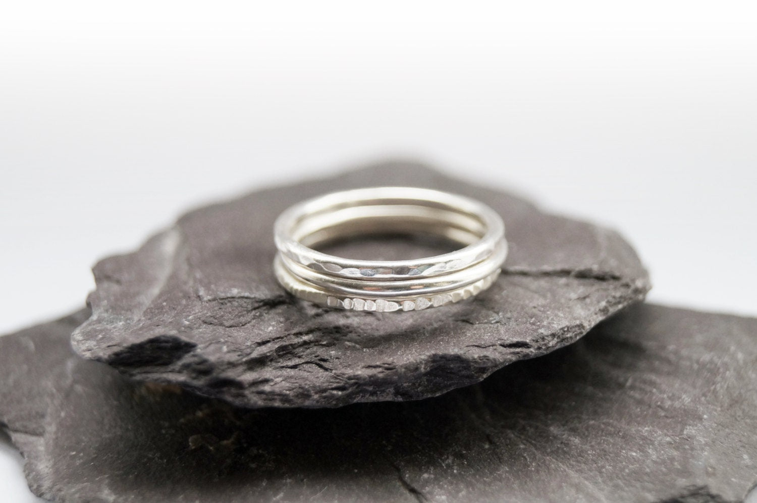Recycled Sterling Silver Texture Trio Stacking Rings - hammered, bands, oxidised, modern, stackable