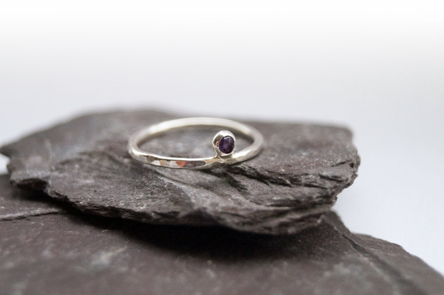 Rose Cut Amethyst Drop Dimpled Recycled Sterling Silver Ring