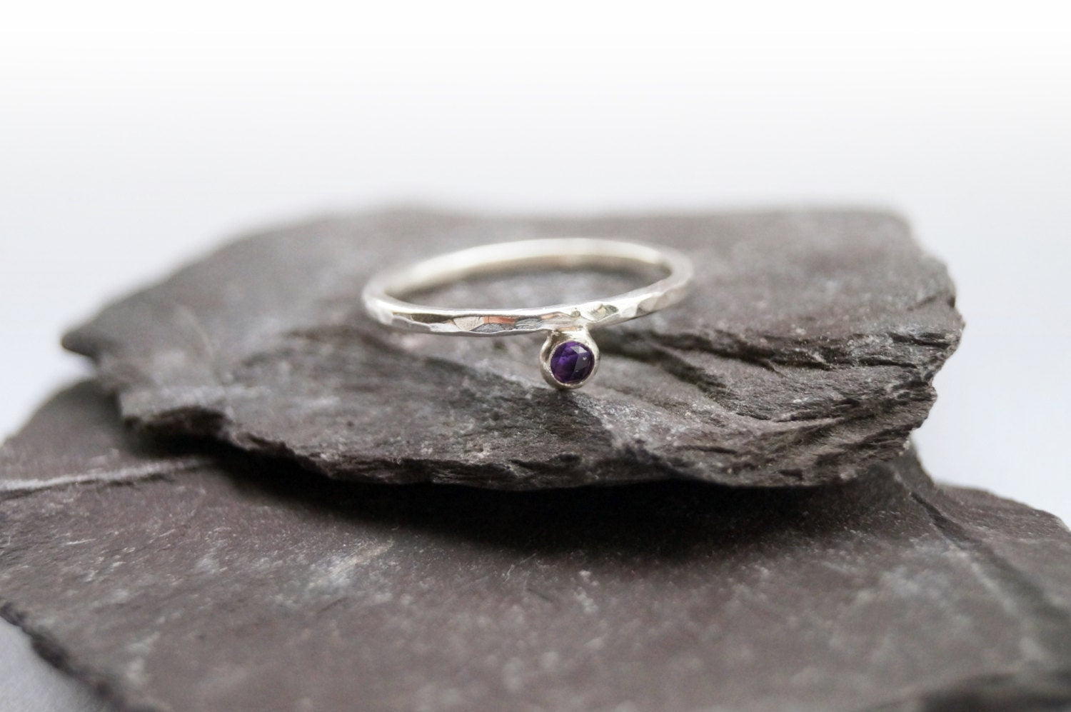Rose Cut Amethyst Drop Dimpled Recycled Sterling Silver Ring