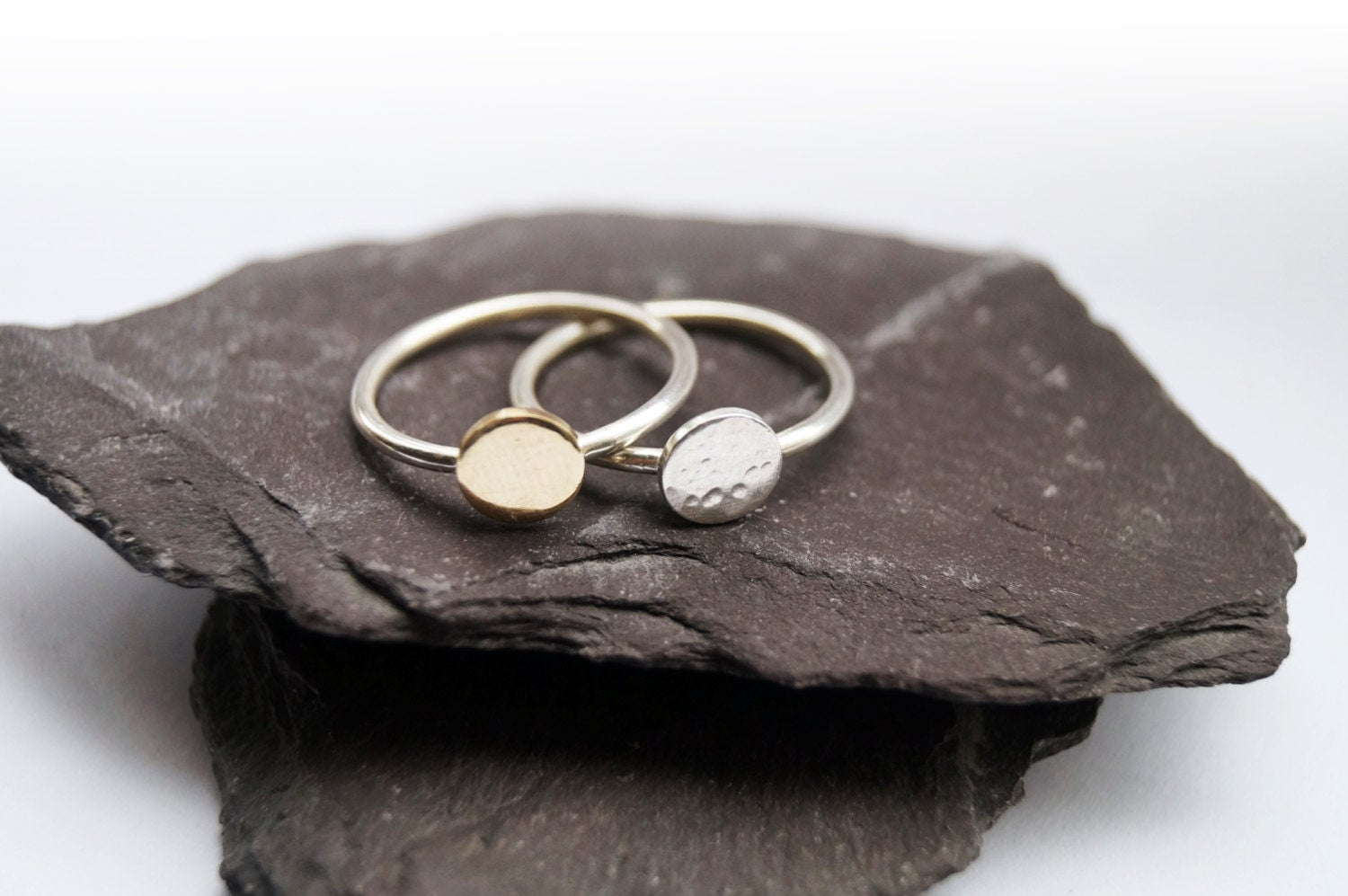 9ct Gold Sun Disc & Silver Moon Stacking Set ~ statement ring, sun, moon, astrology, astronomy, celestial, stackable, recycled