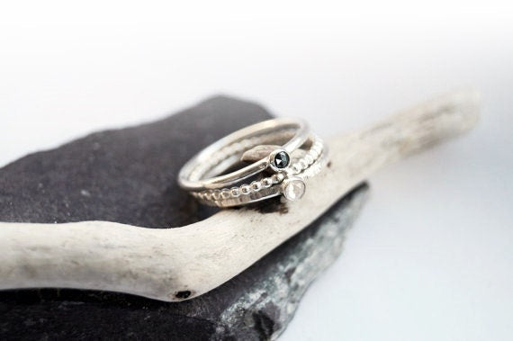Black Diamond & Rainbow Moonstone Recycled Sterling Silver Stacking Rings
