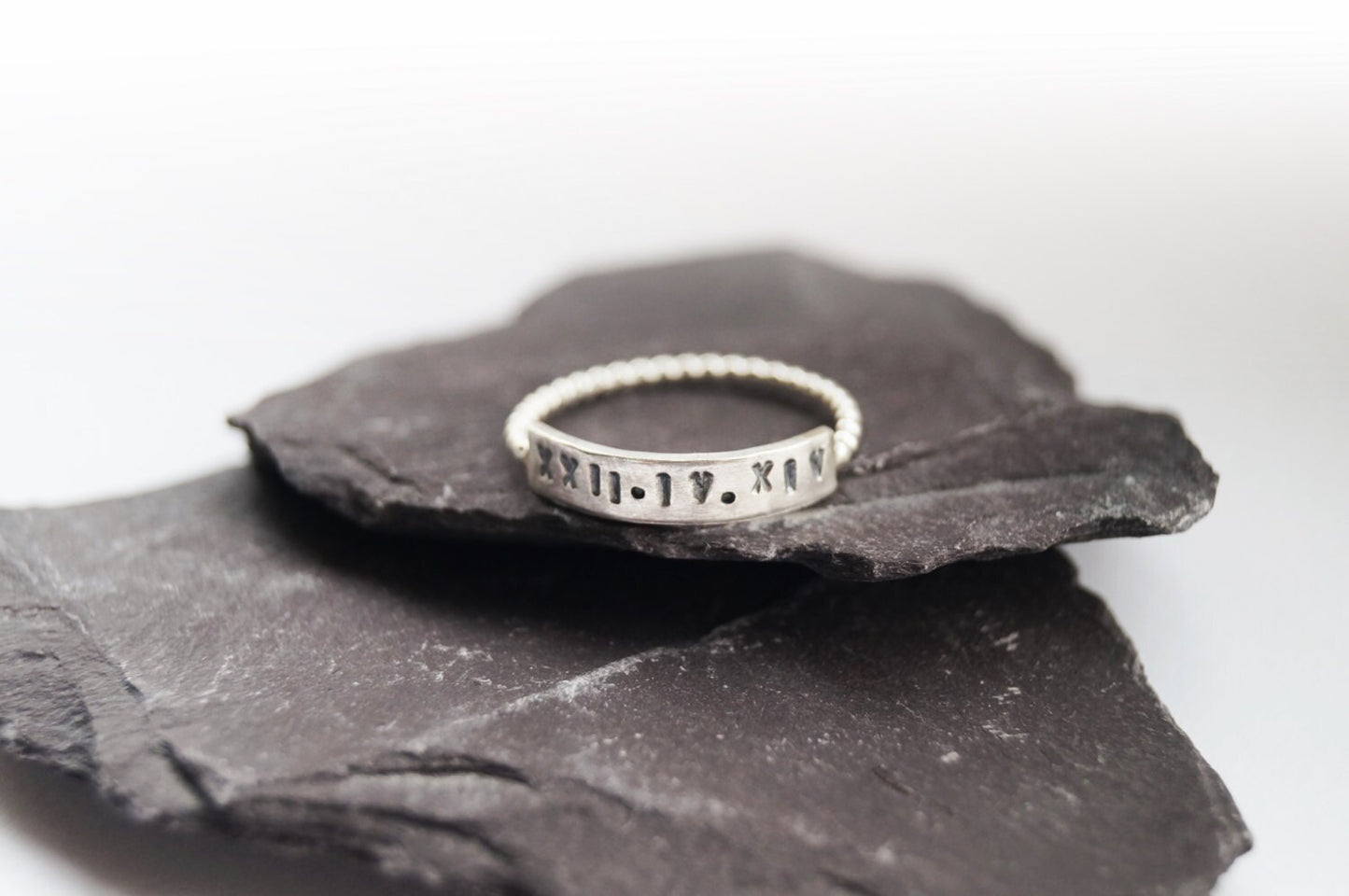 Personalised Sterling Silver Engraved Beaded Bar Ring ~ roman numerals, wedding, initials, name, recycled, date