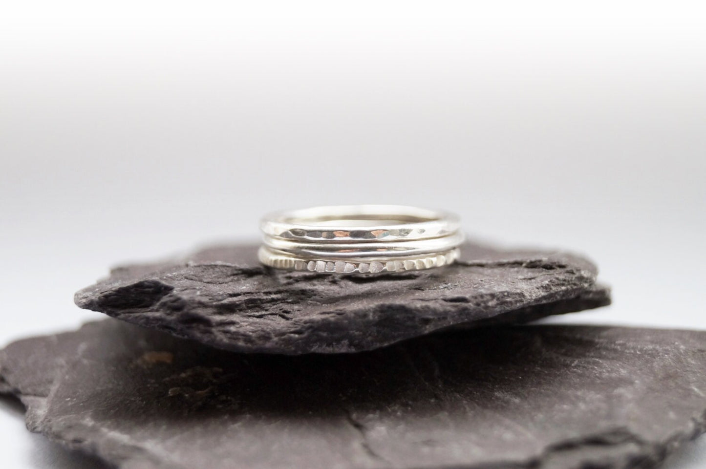Recycled Sterling Silver Texture Trio Stacking Rings - hammered, bands, oxidised, modern, stackable