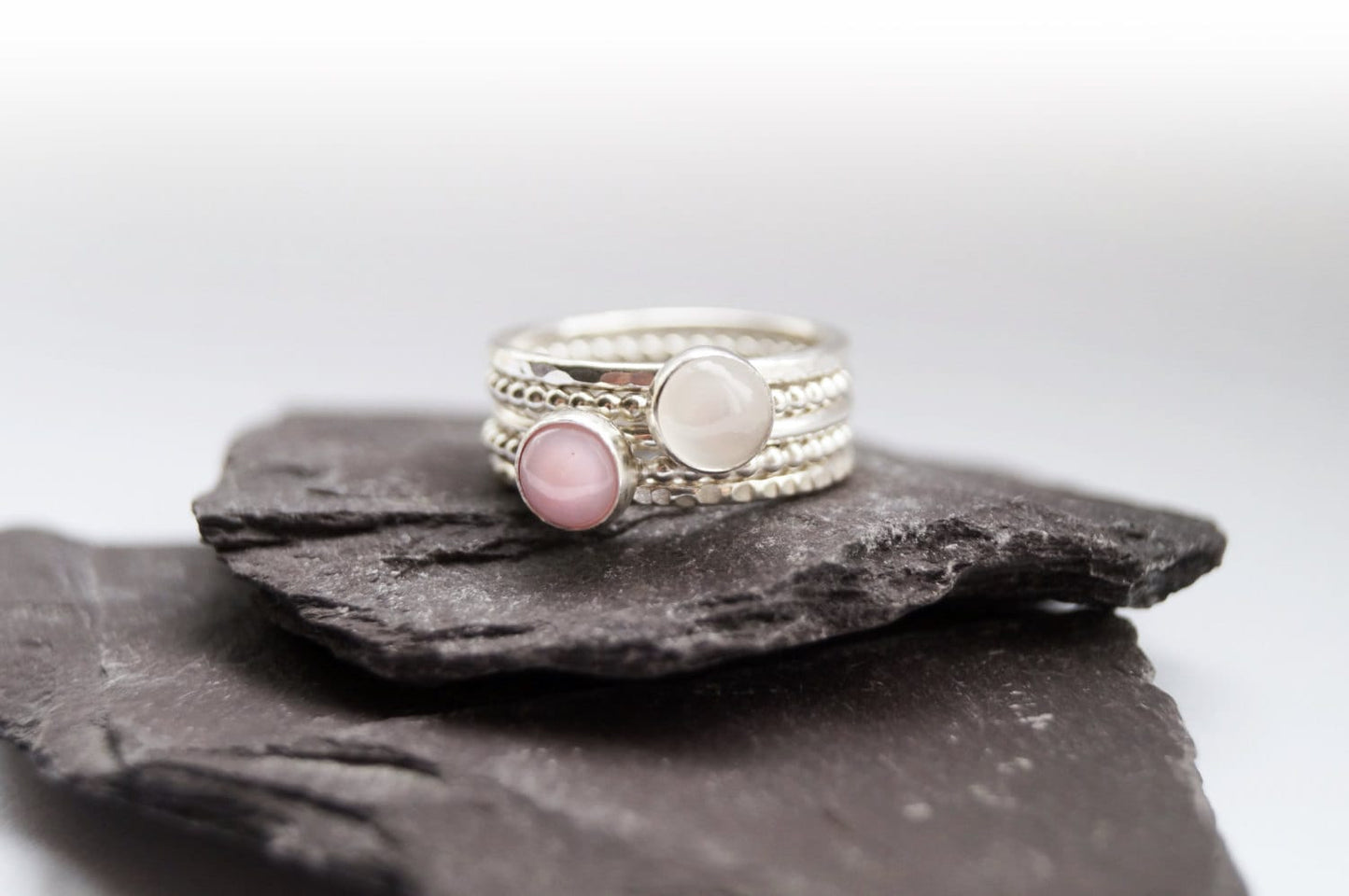 Opulence Pink Opal & Moonstone Recycled Sterling Silver Stacking Set