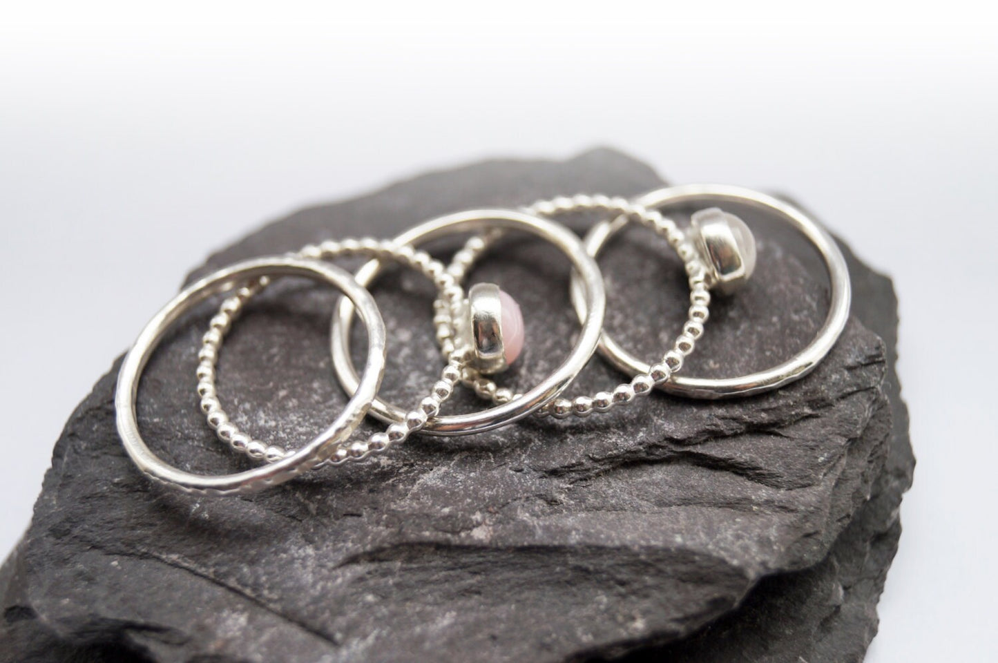 Opulence Pink Opal & Moonstone Recycled Sterling Silver Stacking Set