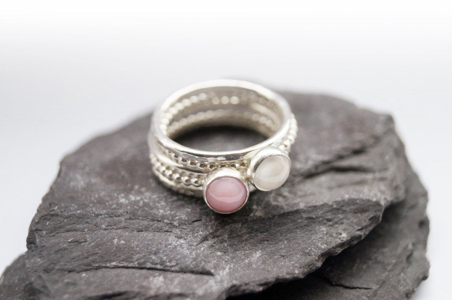 Opulence Pink Opal & Moonstone Recycled Sterling Silver Stacking Set
