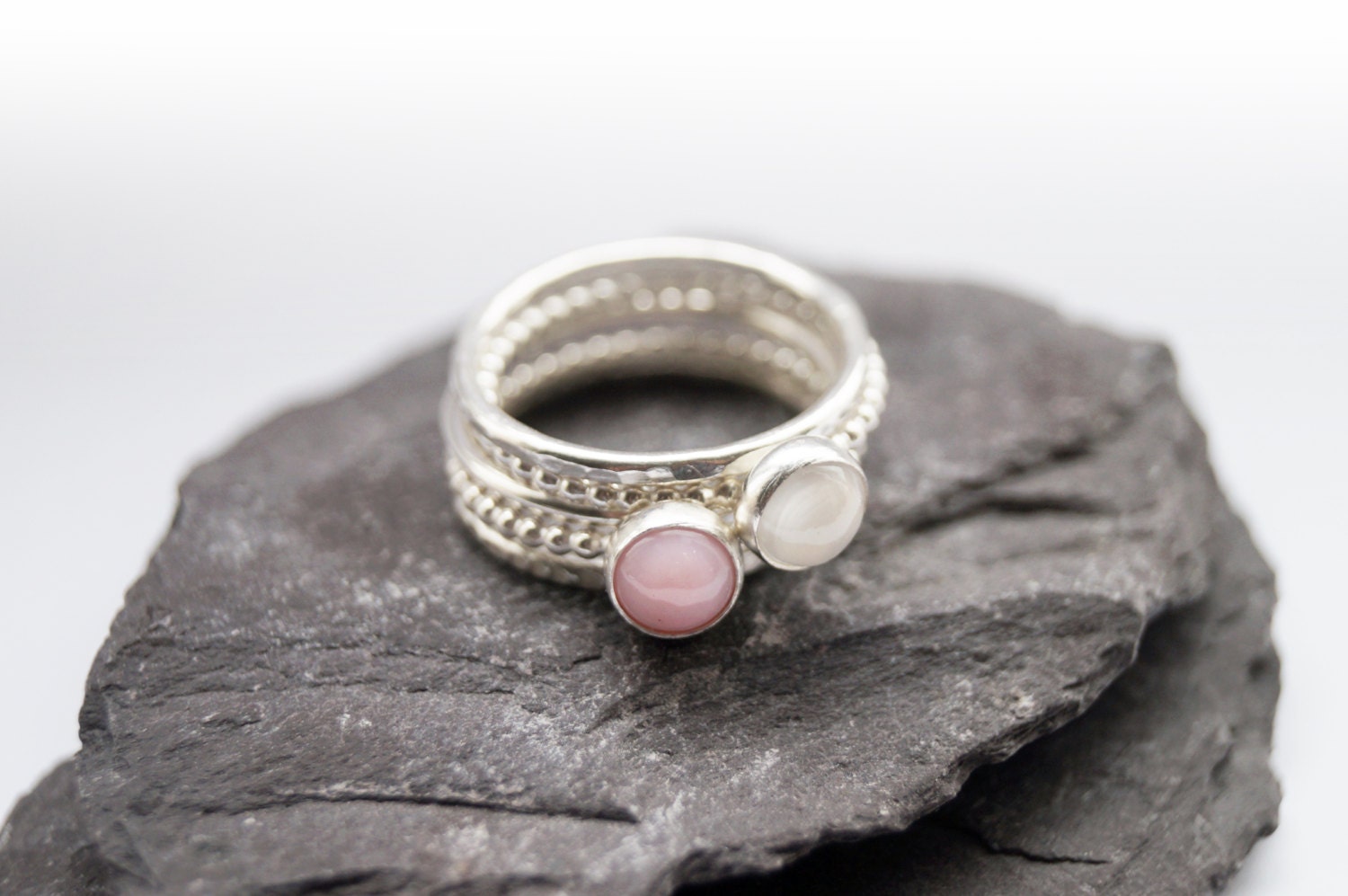 Opulence Pink Opal & Moonstone Recycled Sterling Silver Stacking Set