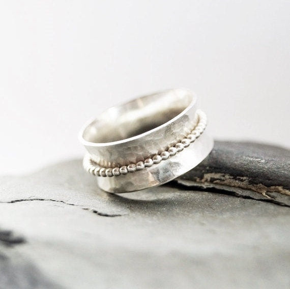 Recycled Dimpled Wide Sterling Silver Spinner Ring ~ spinning ring, hammered, texture, statement ring, meditation, anxiety ring, fidget
