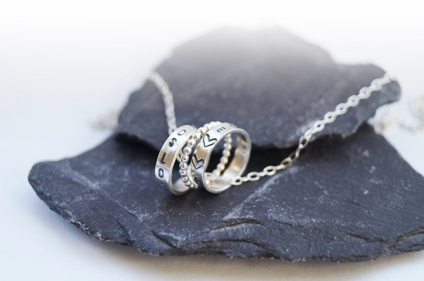 Personalised Engraved Sterling Silver Rings Necklace ~ travel, wanderlust, stamped, initials, dates, names, wedding, keepsake, recycled