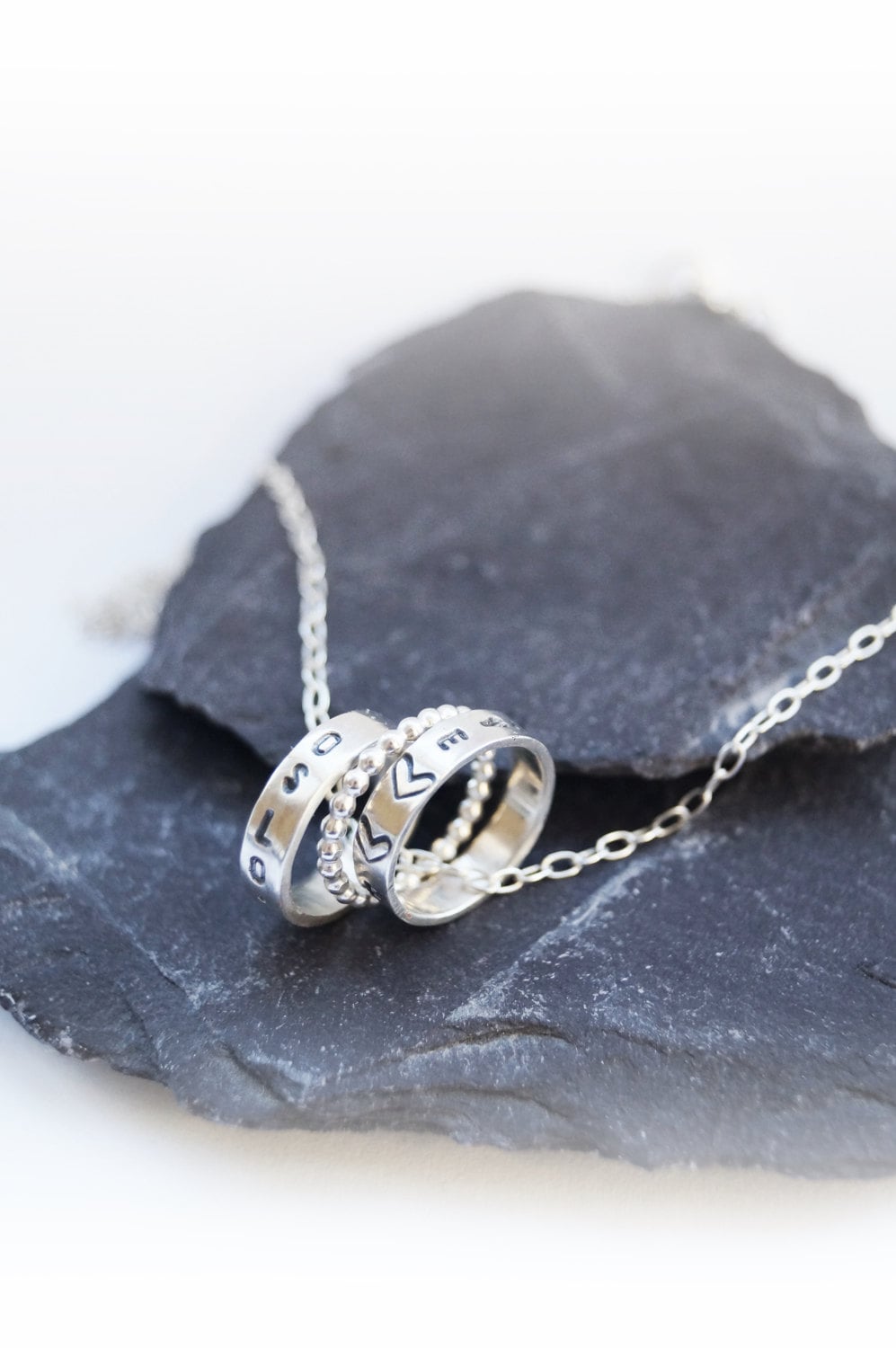 Personalised Engraved Sterling Silver Rings Necklace ~ travel, wanderlust, stamped, initials, dates, names, wedding, keepsake, recycled