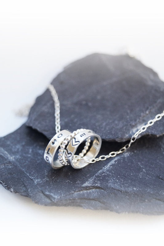 Personalised Engraved Sterling Silver Rings Necklace ~ travel, wanderlust, stamped, initials, dates, names, wedding, keepsake, recycled