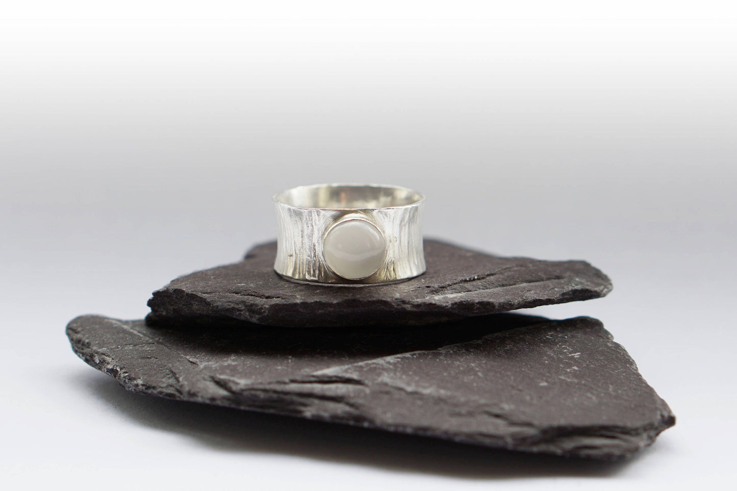Moonstone Wood Grain Wide Sterling Silver Ring
