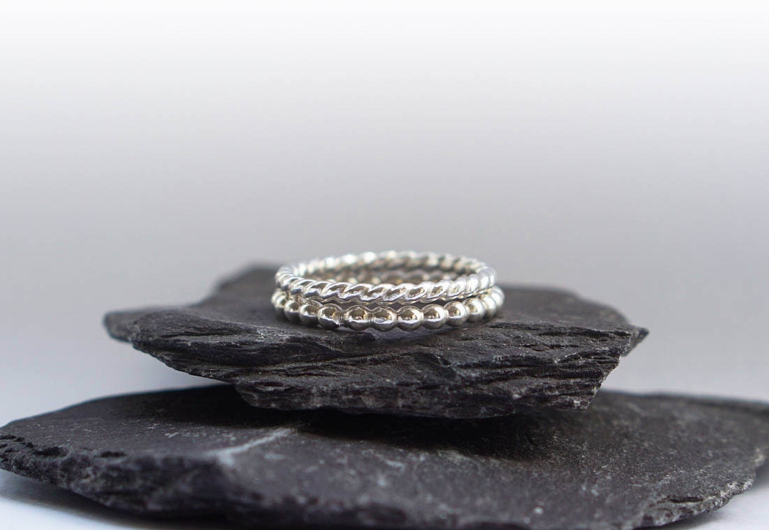 Rope & Beaded Sterling Silver Stacking Ring Set