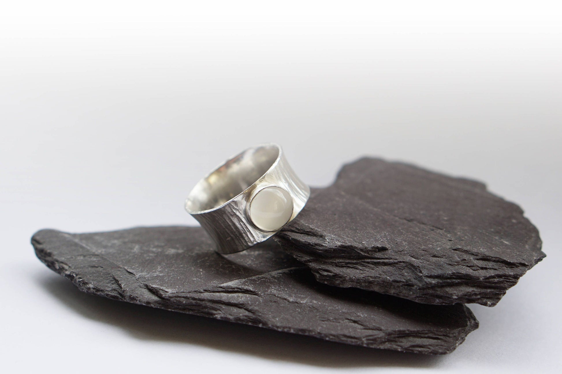 Moonstone Wood Grain Wide Sterling Silver Ring