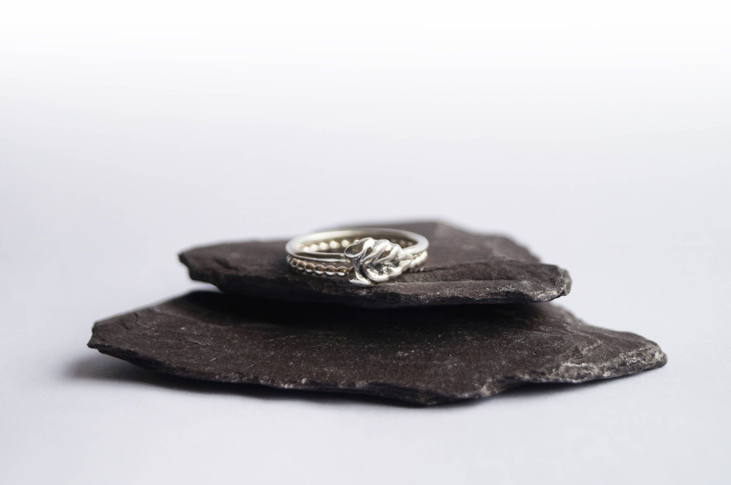 Recycled Sterling Silver Little Leaf Ring & Beaded Band Duo