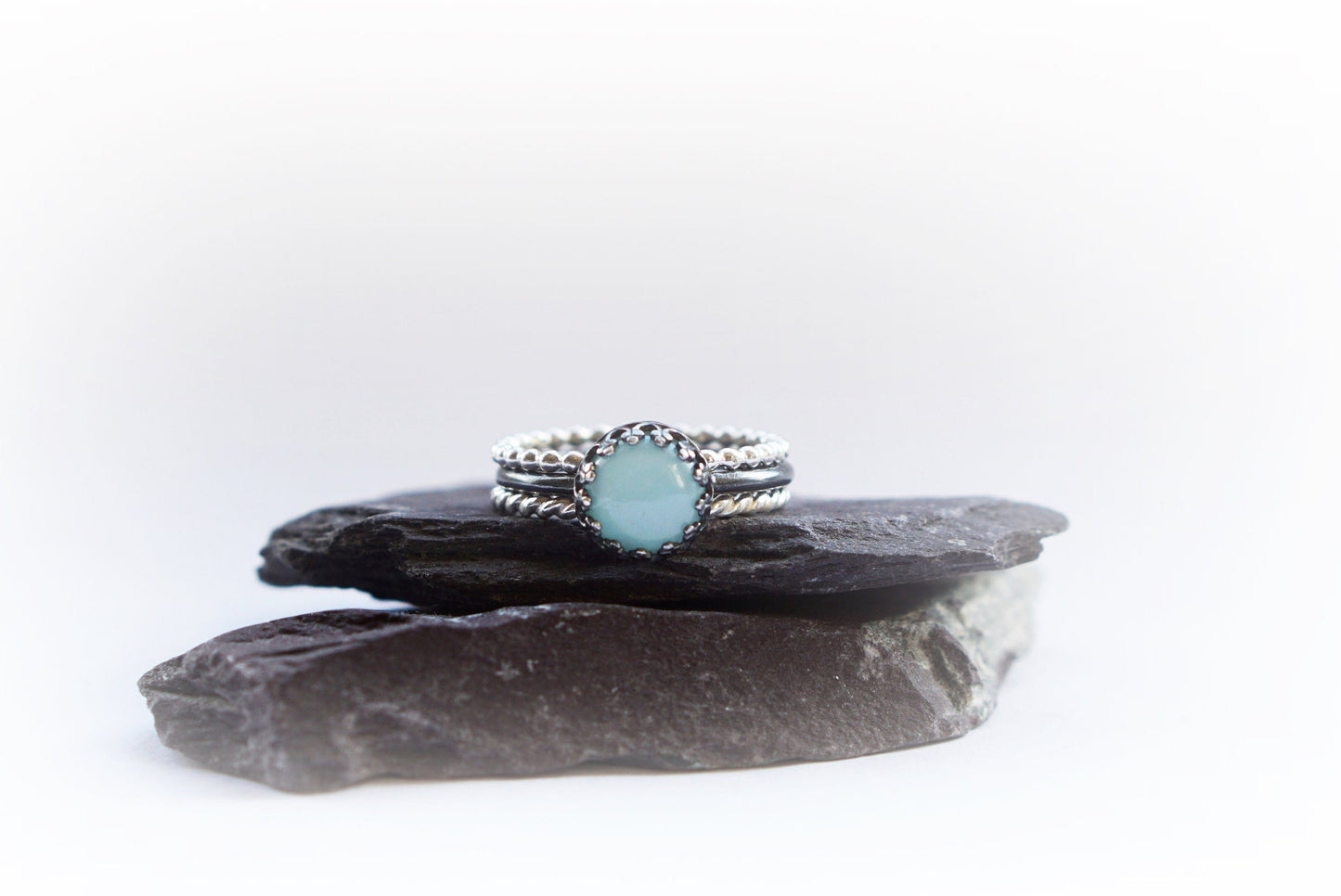 Gothic Crown Amazonite Sterling Silver Ring Stack