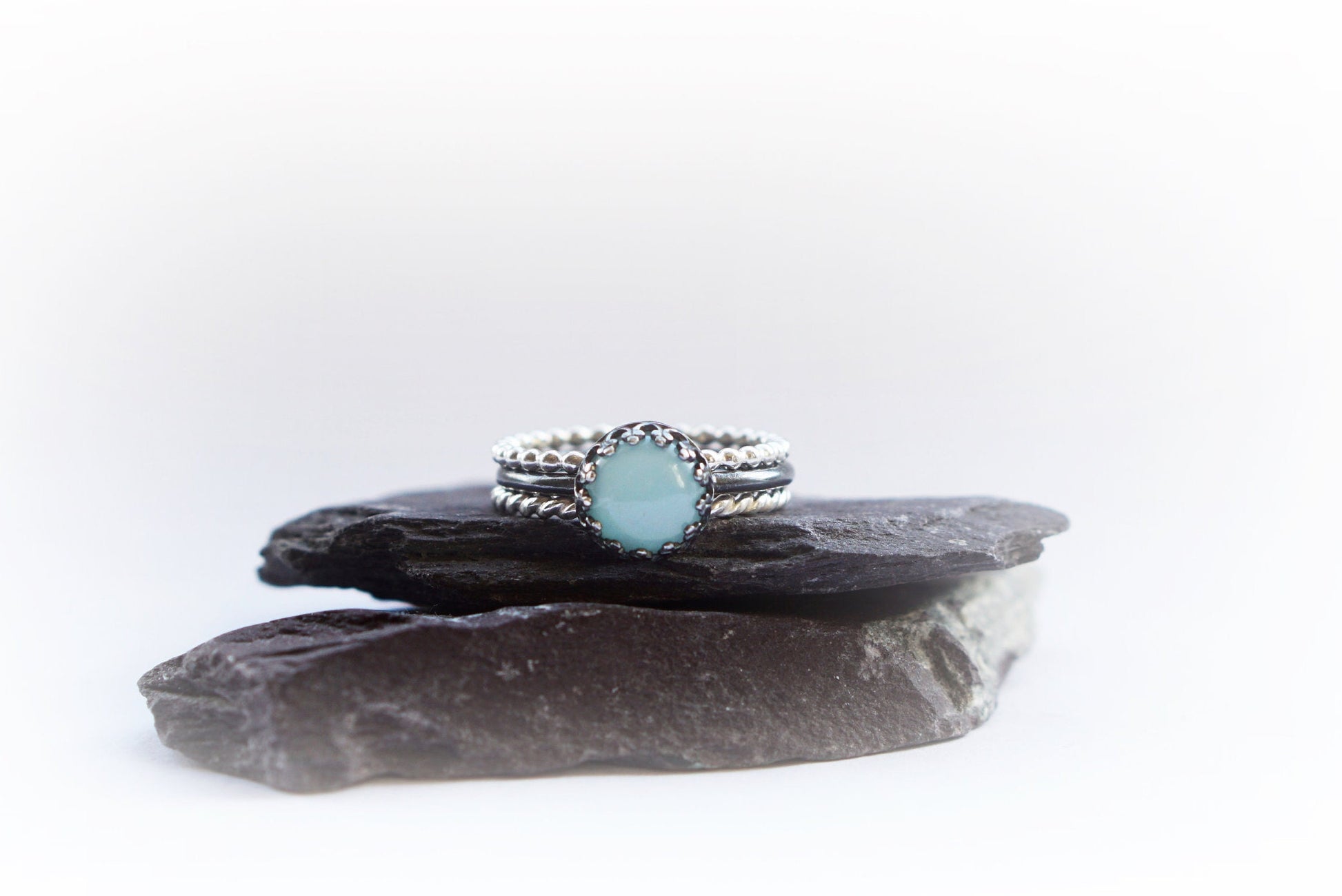 Gothic Crown Amazonite Sterling Silver Ring Stack