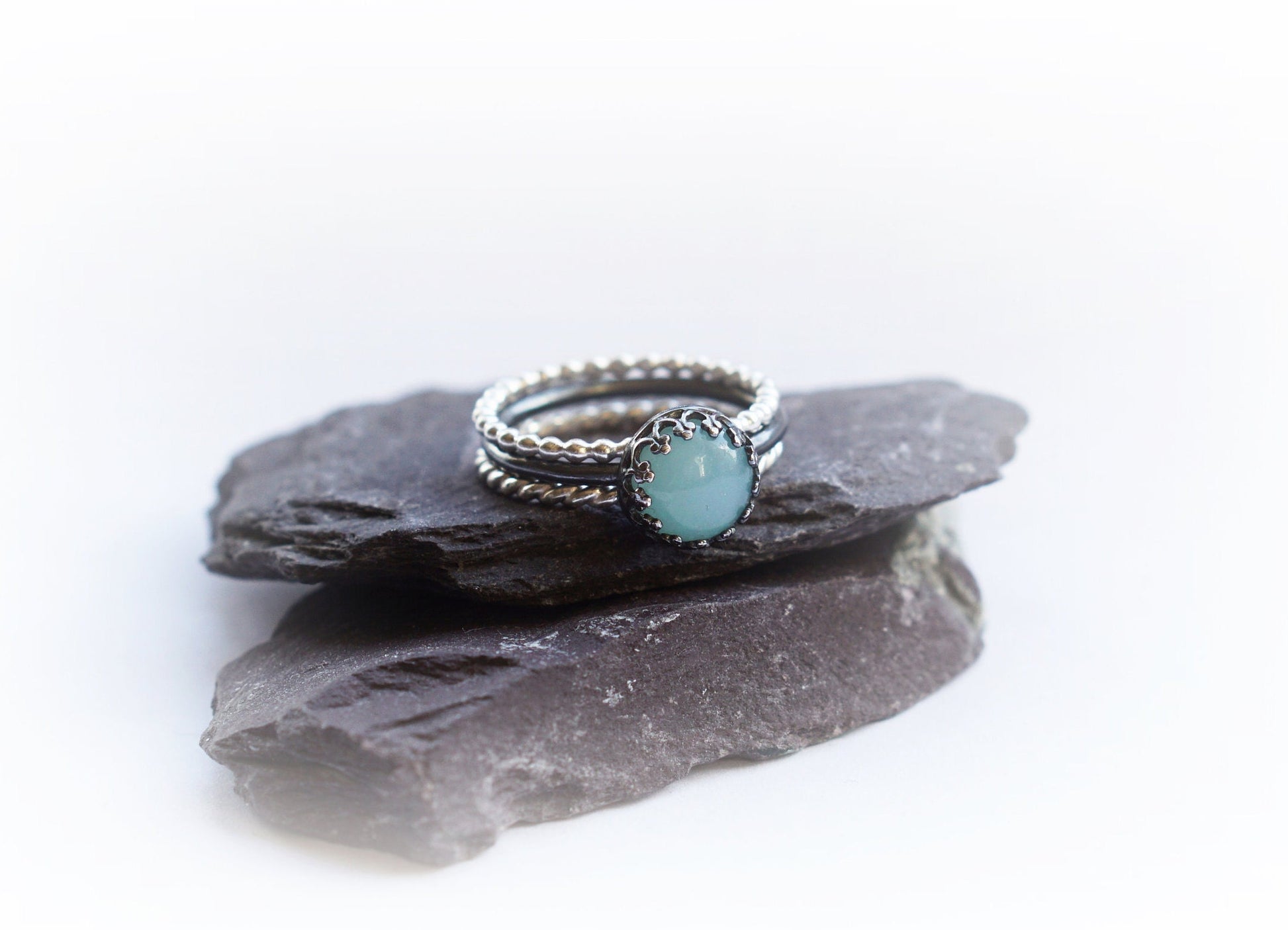 Gothic Crown Amazonite Sterling Silver Ring Stack