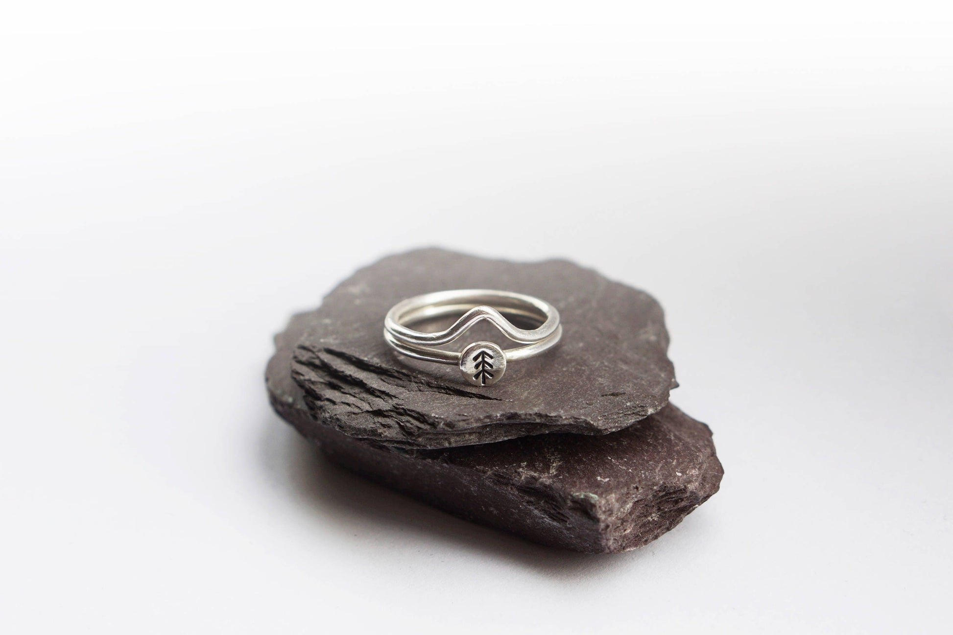 Pine Tree + Mountain Sterling Silver Stacking Rings